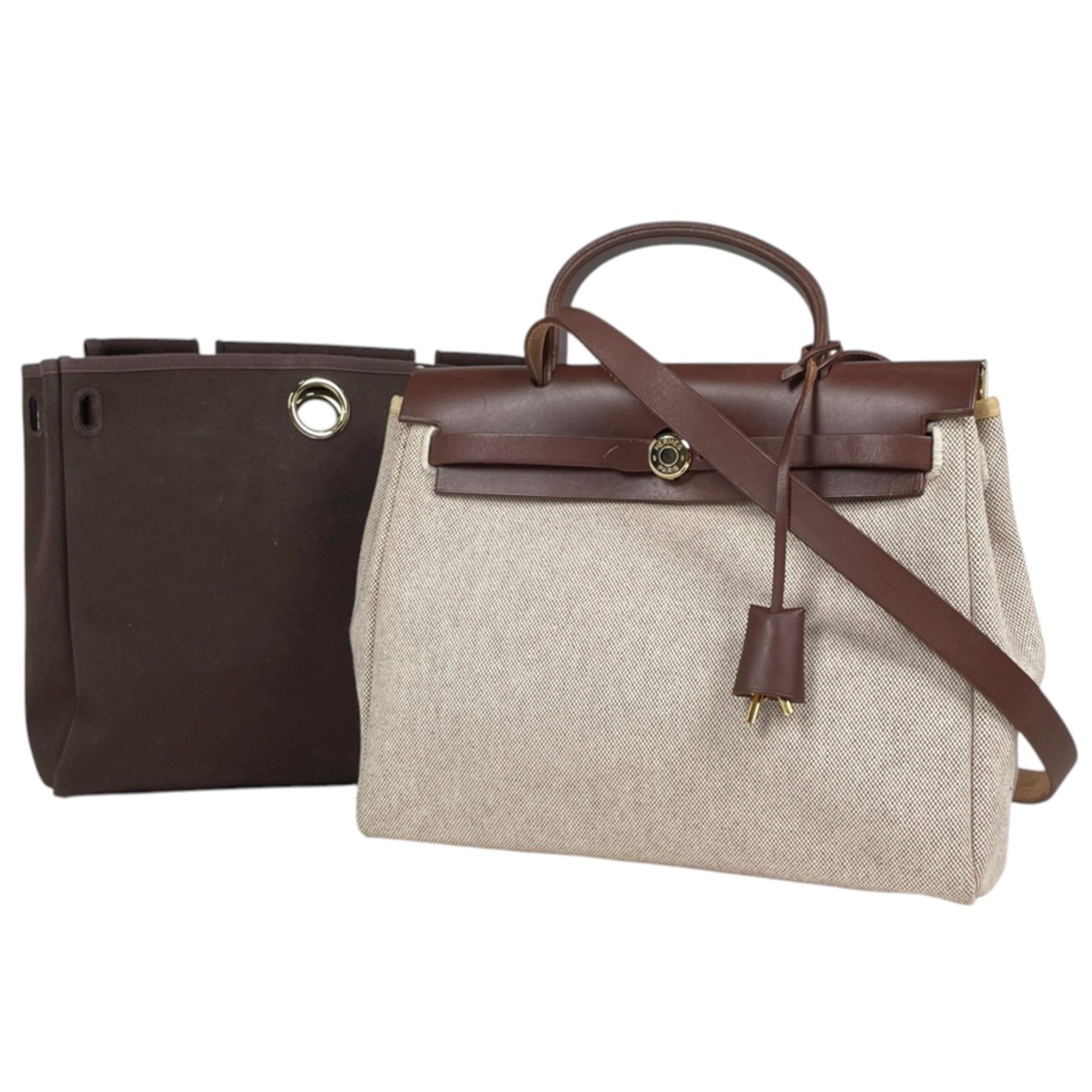 Hermes Her Bag Brown Natural Toile H Toile Officier Leather Handbag Shoulder Bag (Pre-Owned)
