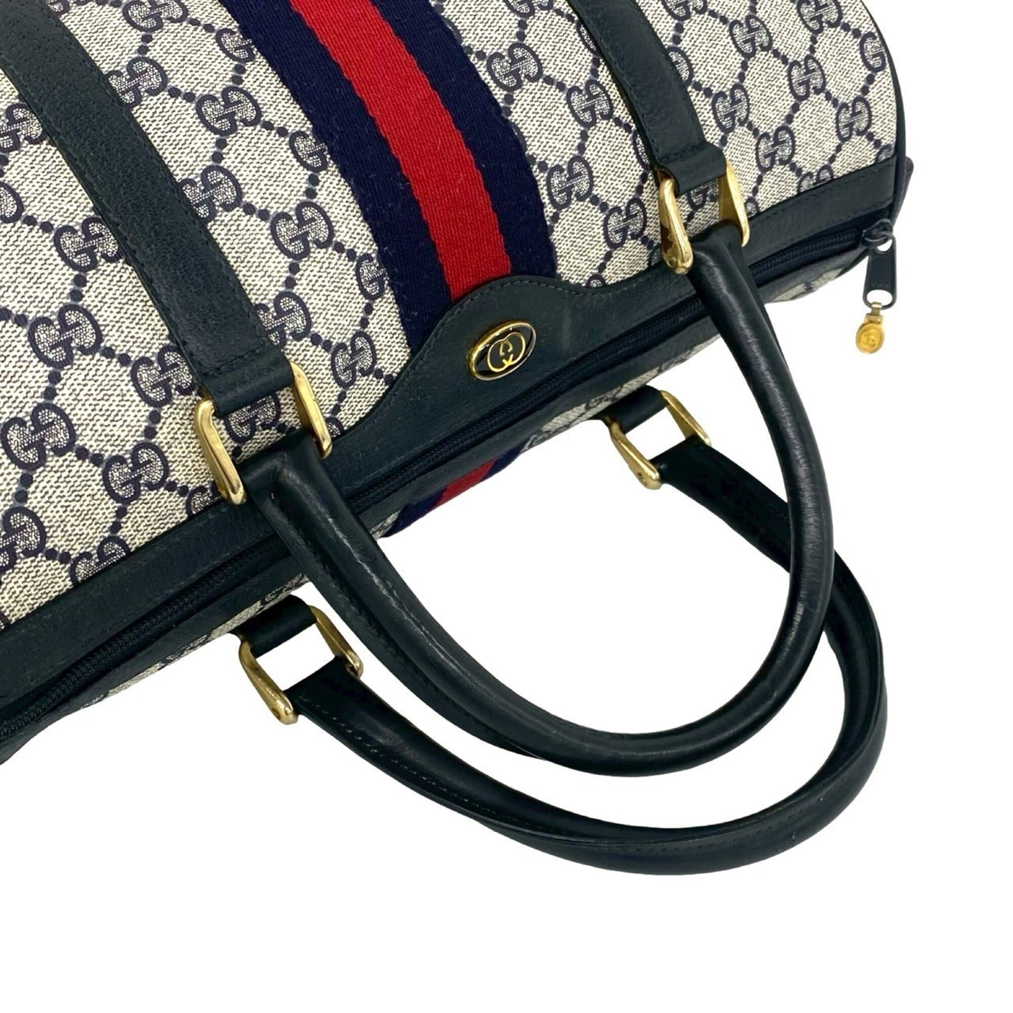 Gucci Navy Red Color Leather Pvc Boston Bag Handbag (Pre-Owned)