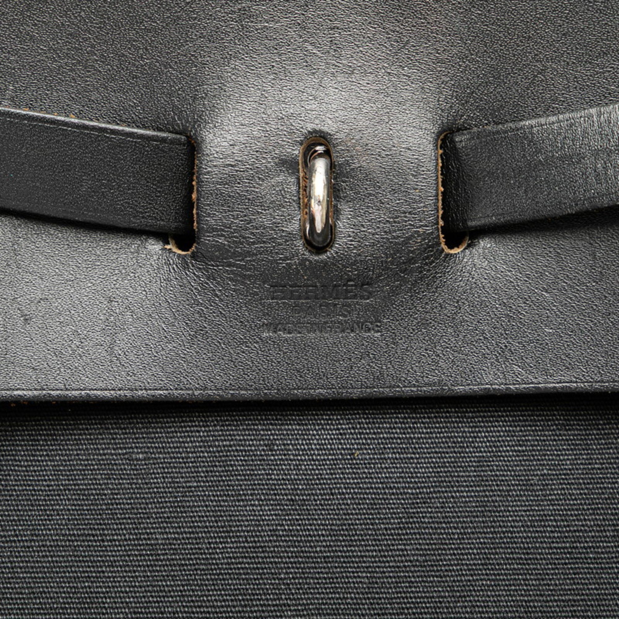 Hermes Her Bag Black Toile Officier Leather Handbag (Pre-Owned)