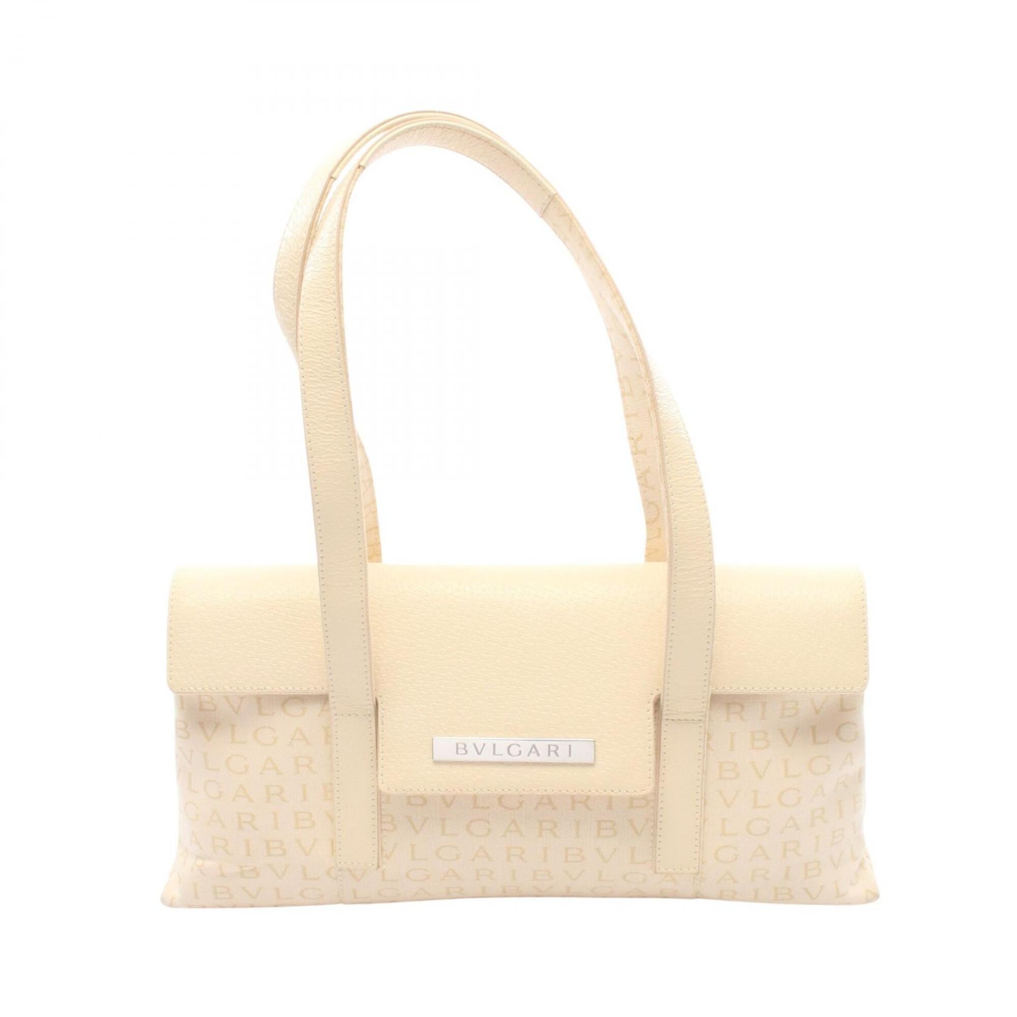 Bvlgari Logomania Beige Ivory Canvas Leather Handbag (Pre-Owned)