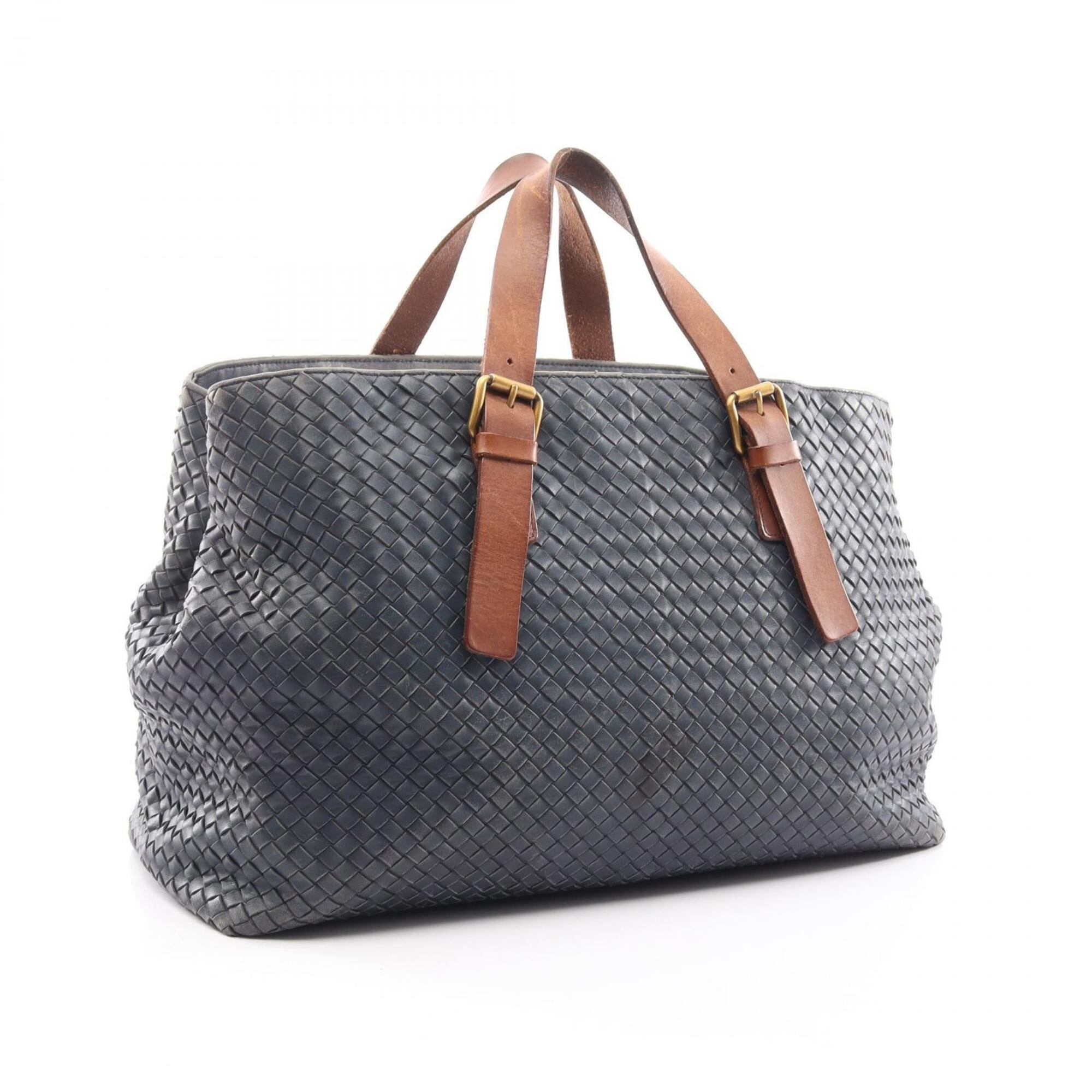 Bottega Veneta Brown Navy Leather Handbag Tote Bag (Pre-Owned)