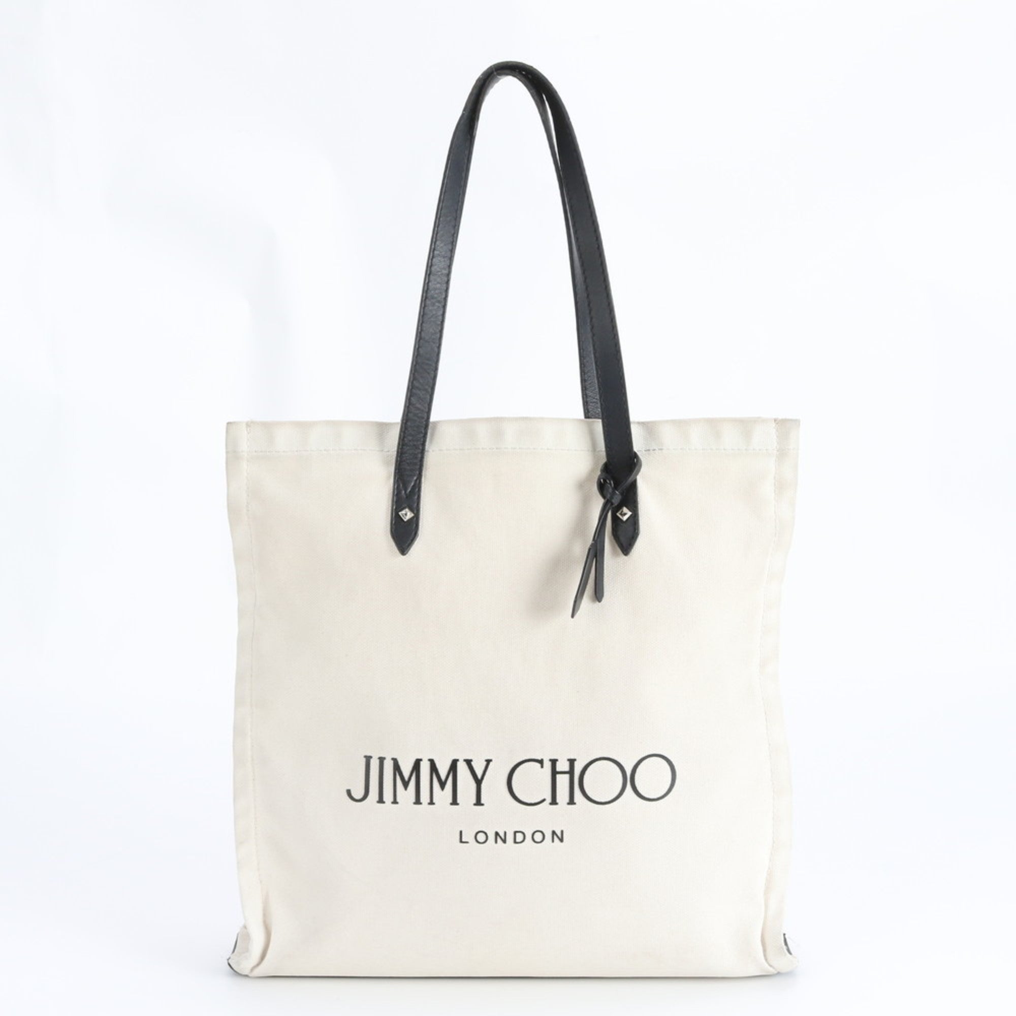 Jimmy Choo Black Off-White Leather Canvas Handbag Tote Bag (Pre-Owned)