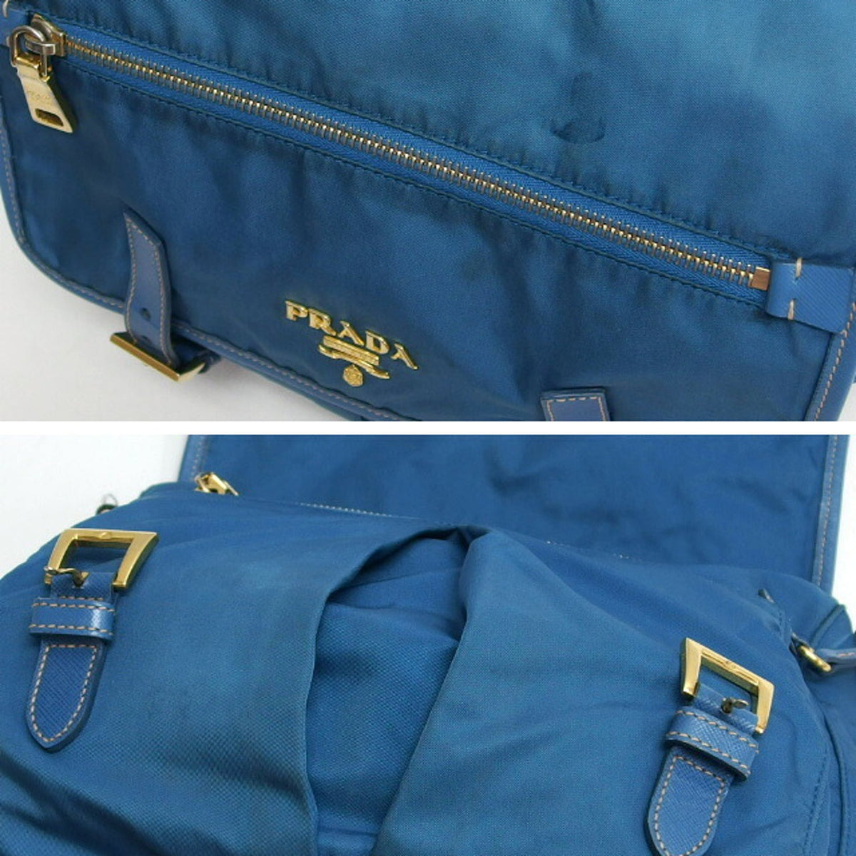Prada Saffiano Blue Nylon Leather Shoulder Bag (Pre-Owned)