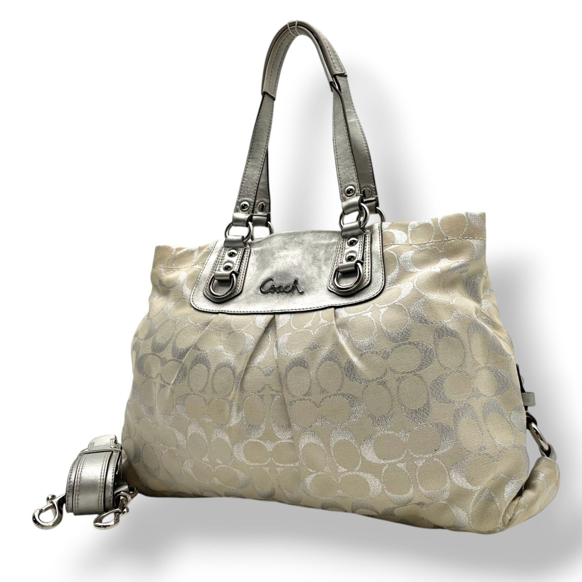 Coach Ivory Silver Canvas Leather Handbag Shoulder Bag Tote Bag (Pre-Owned)