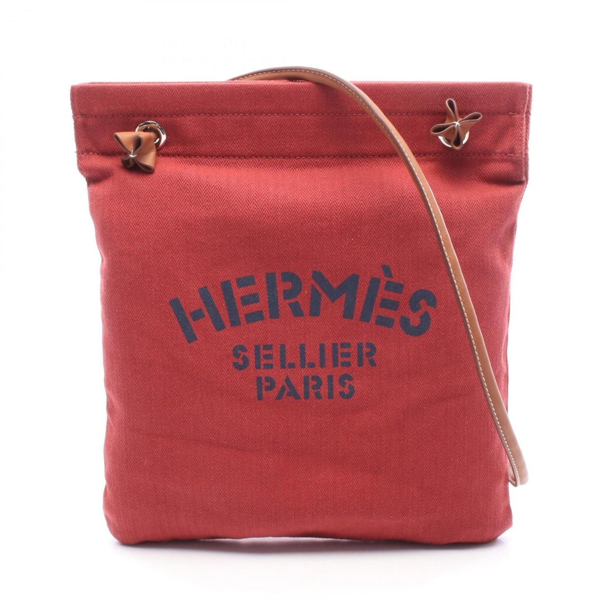 Hermes Brown Navy Red Color Rouge H Toile Chevron Swift Leather Handbag Shoulder Bag (Pre-Owned)