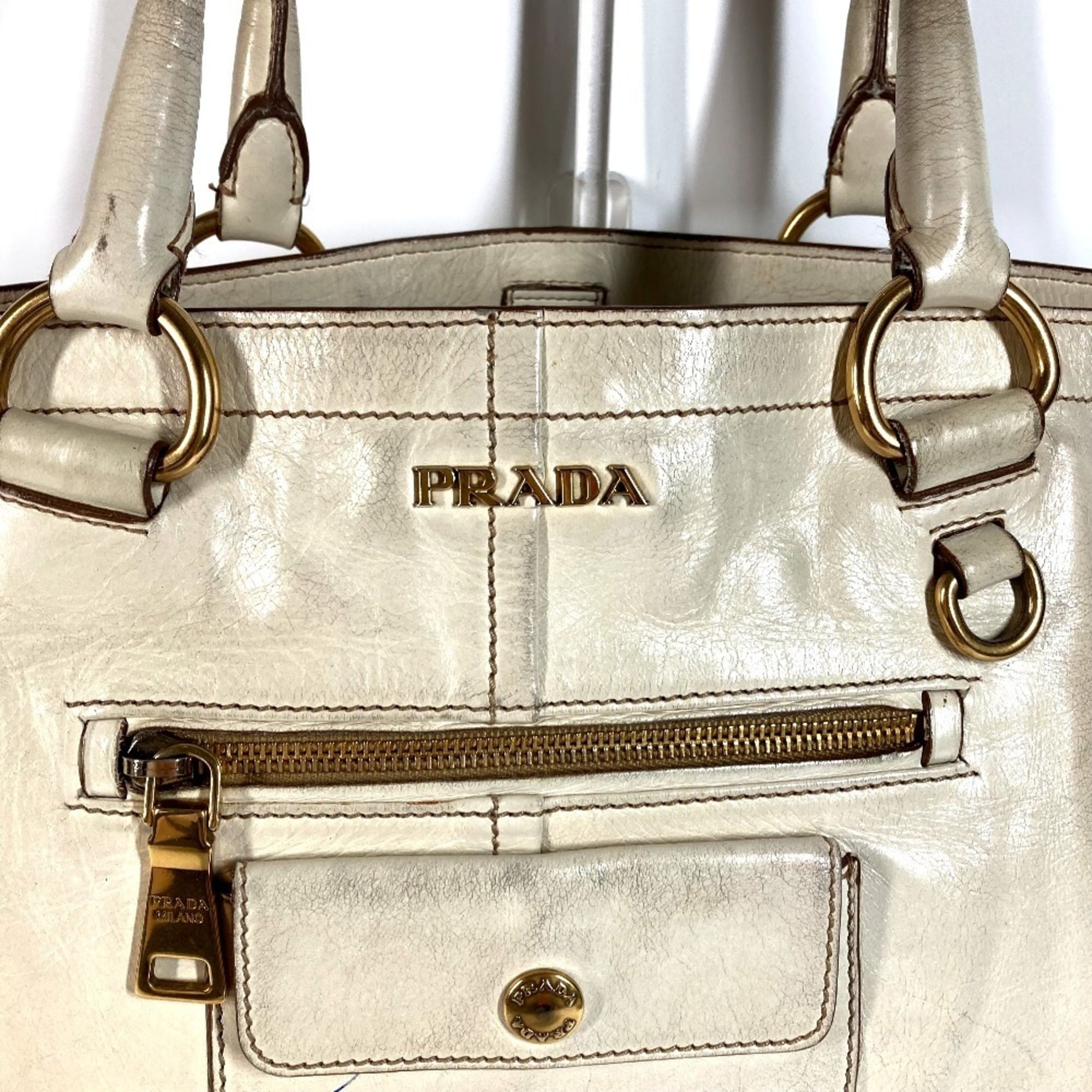 Prada Ivory Leather Shoulder Bag Tote Bag (Pre-Owned)