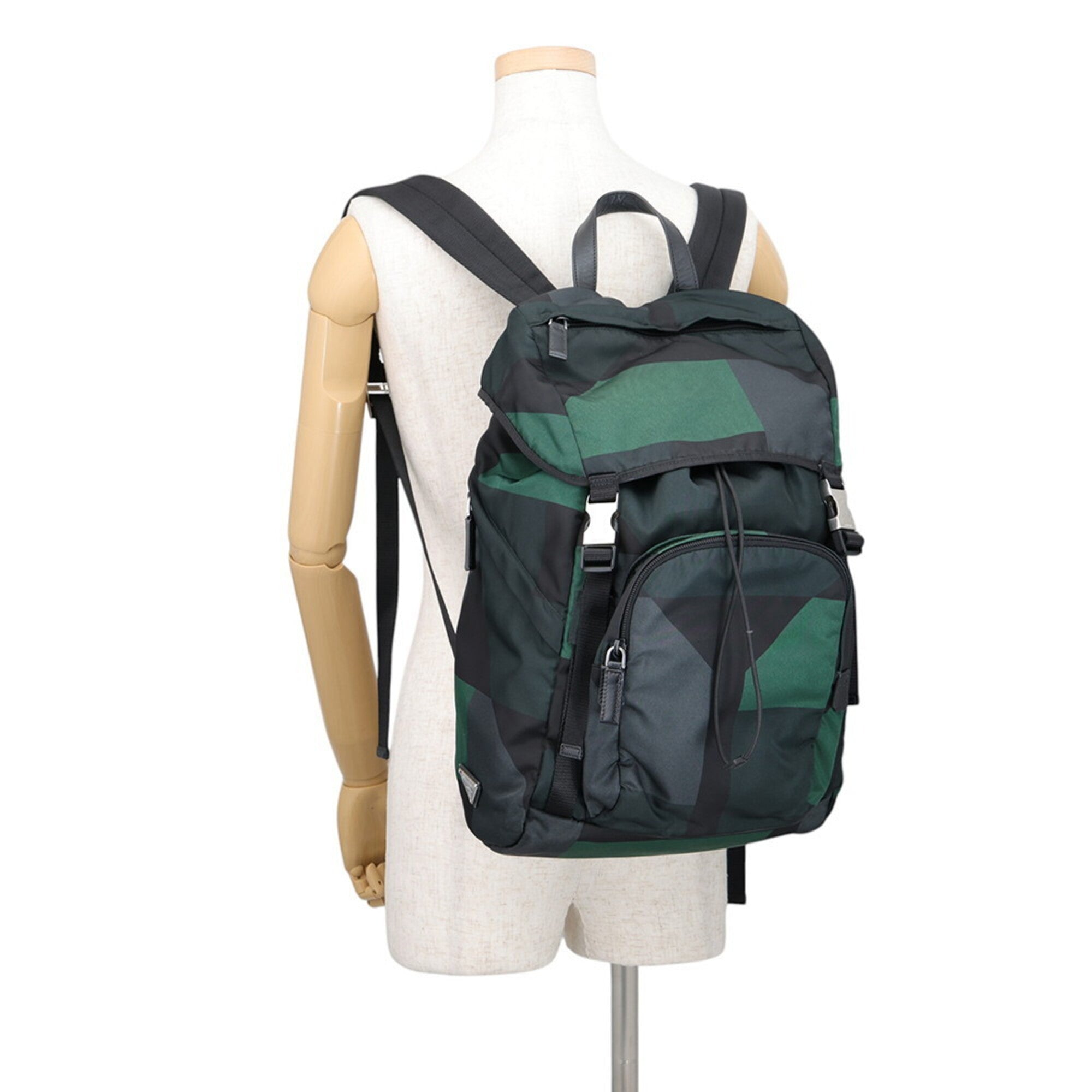 Prada Black Green Nylon Leather Backpack (Pre-Owned)