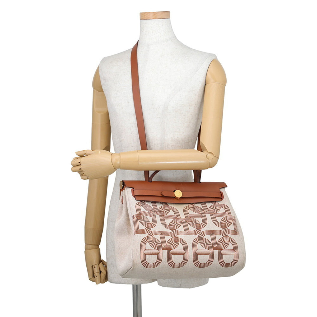 Hermes Beige Brown Ecru Toile H Leather Handbag (Pre-Owned)