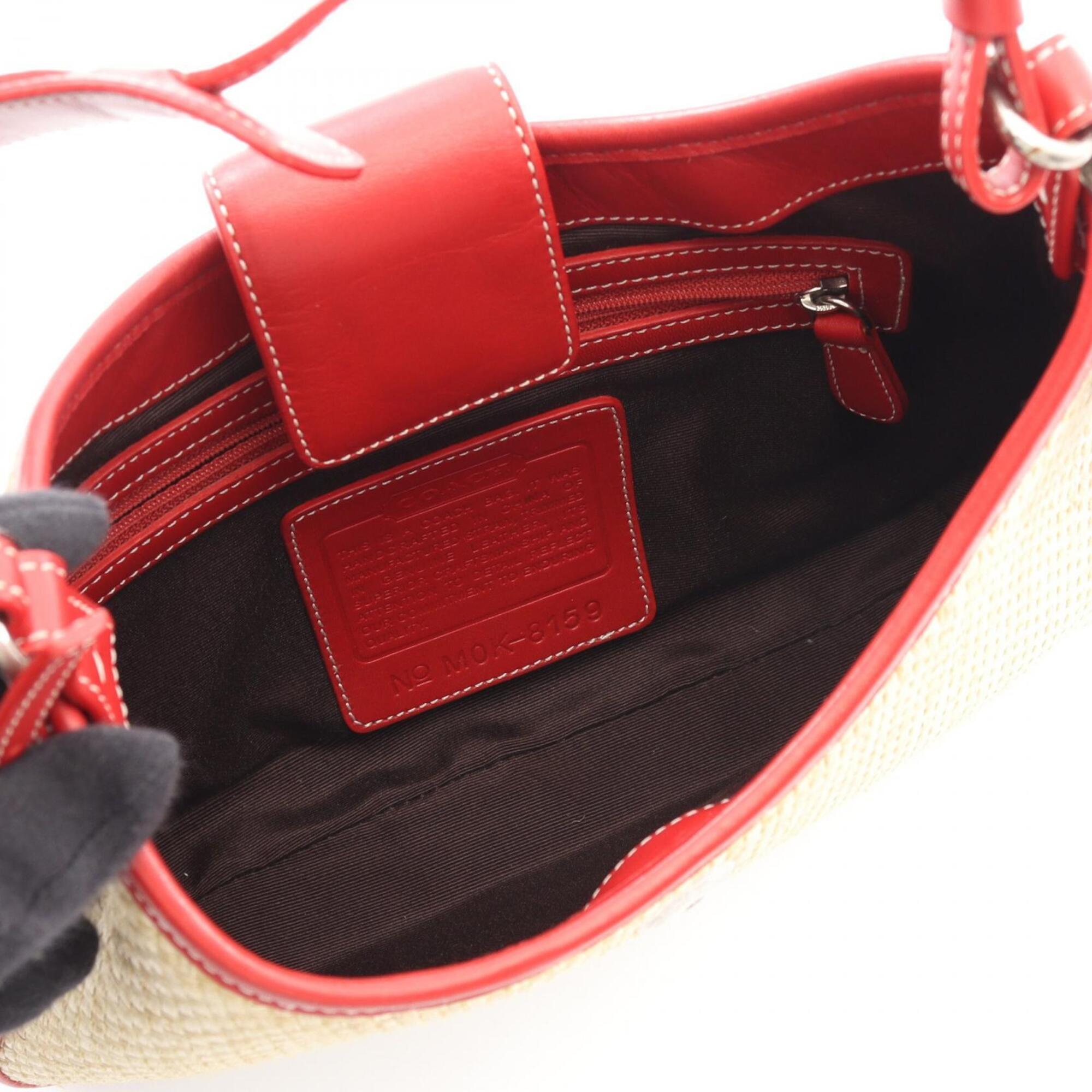 Coach Beige Red Color Raffia Leather Handbag Shoulder Bag (Pre-Owned)