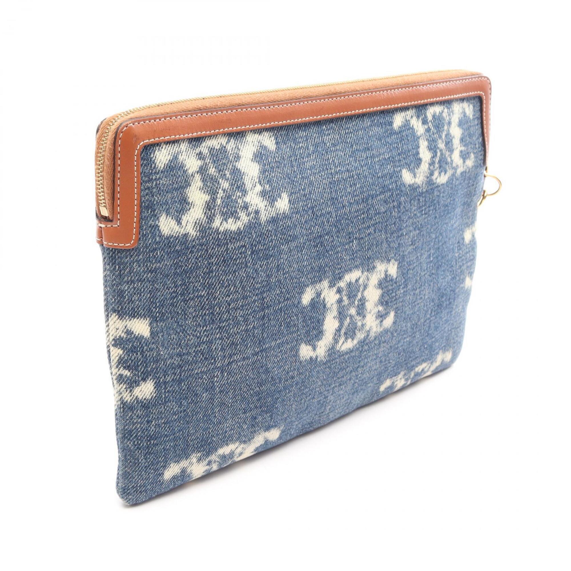 Celine Brown Navy Denim Leather Clutch Bag Handbag (Pre-Owned)