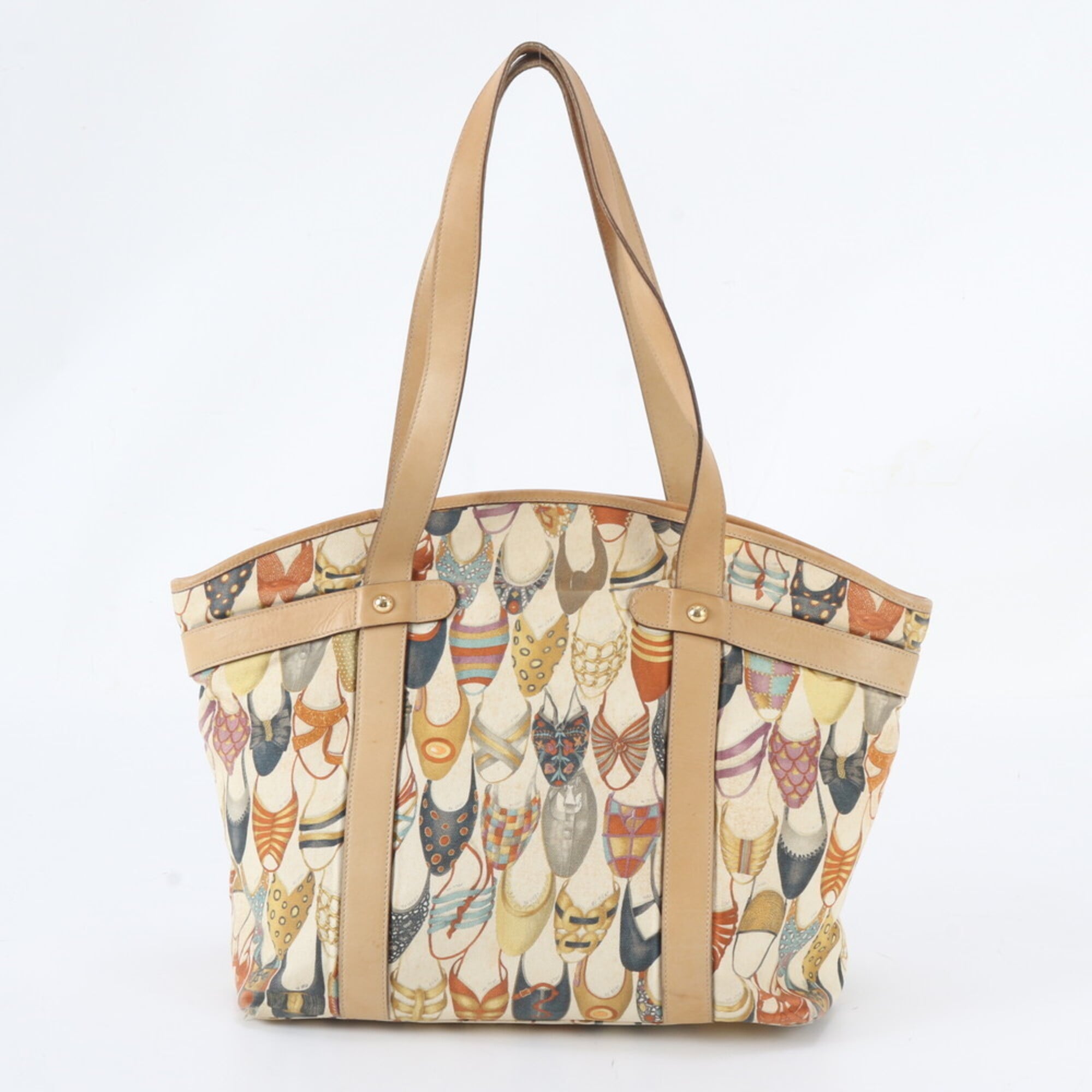 Salvatore Ferragamo Beige Leather Canvas Handbag Shoulder Bag Tote Bag (Pre-Owned)