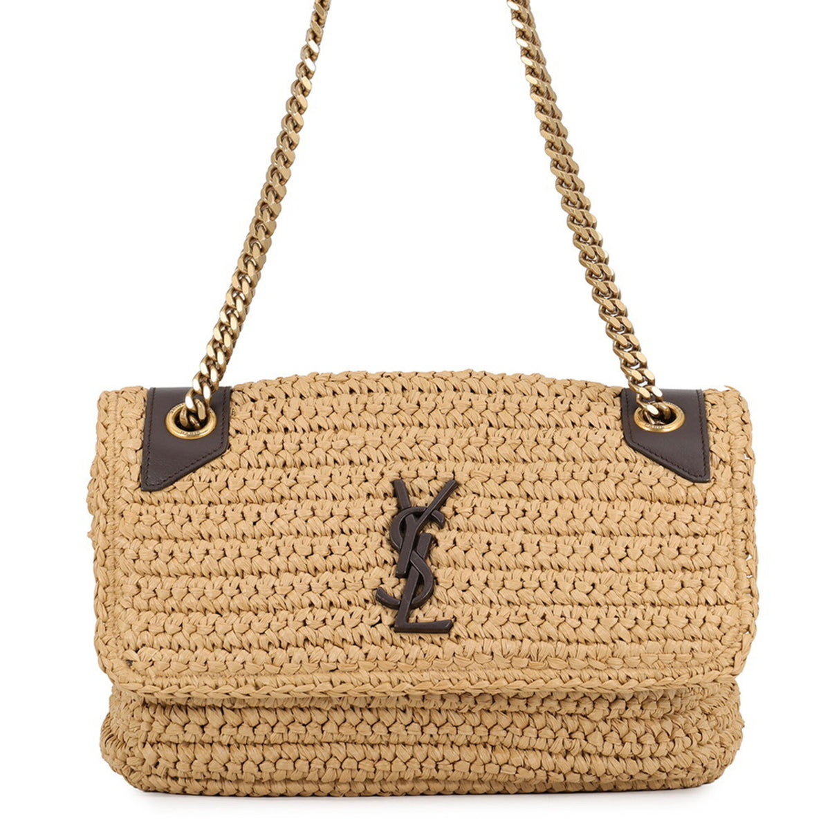 Yves Saint Laurent Beige Brown Raffia Leather Handbag Shoulder Bag (Pre-Owned)