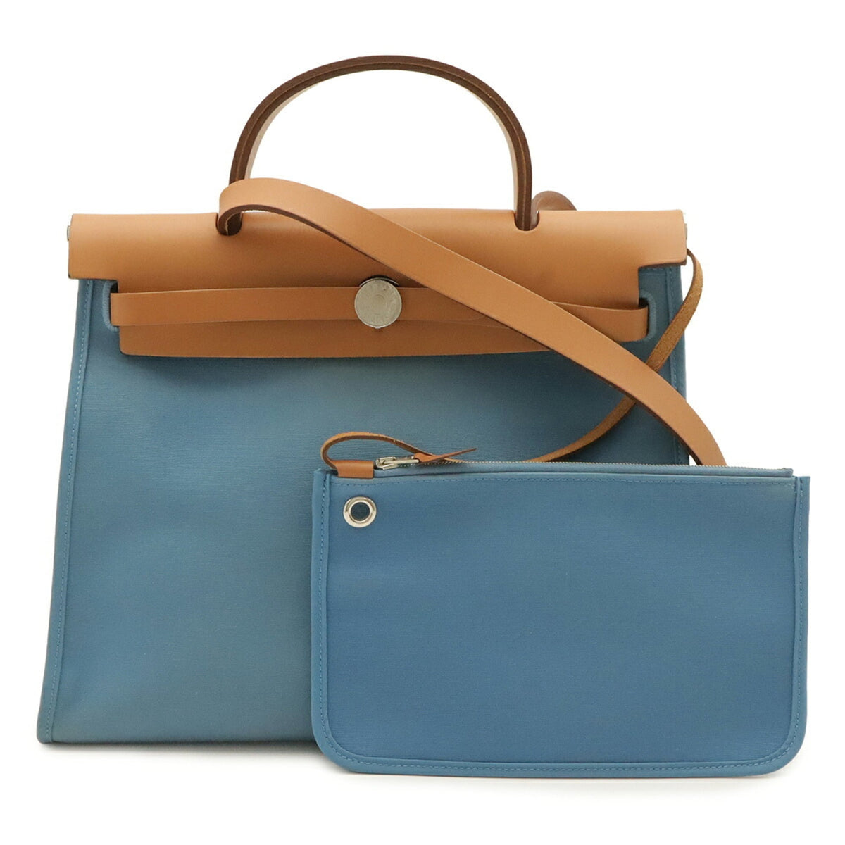 Hermes Blue Brown Toile Officier Leather Handbag Pouch Shoulder Bag (Pre-Owned)
