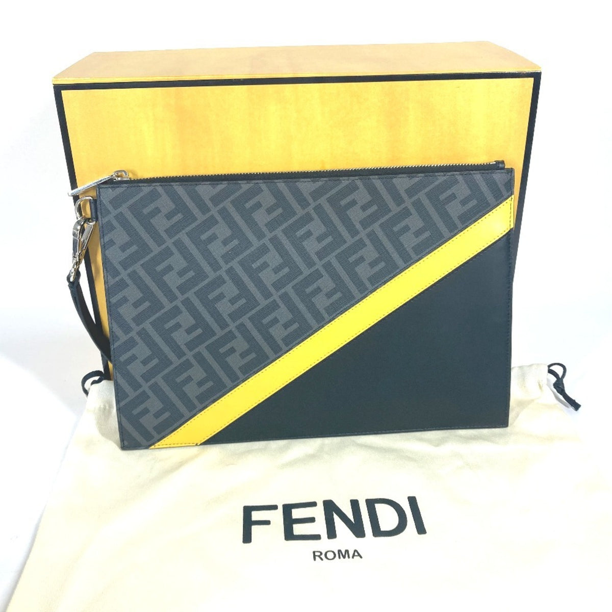 Fendi Black Gray Yellow Leather Clutch Bag Pouch (Pre-Owned)
