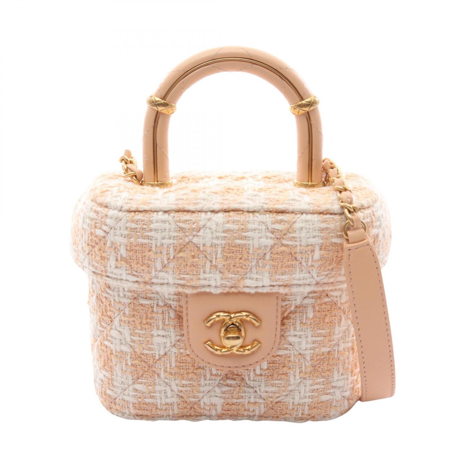 Chanel Beige White Fabric Leather Handbag Shoulder Bag (Pre-Owned)