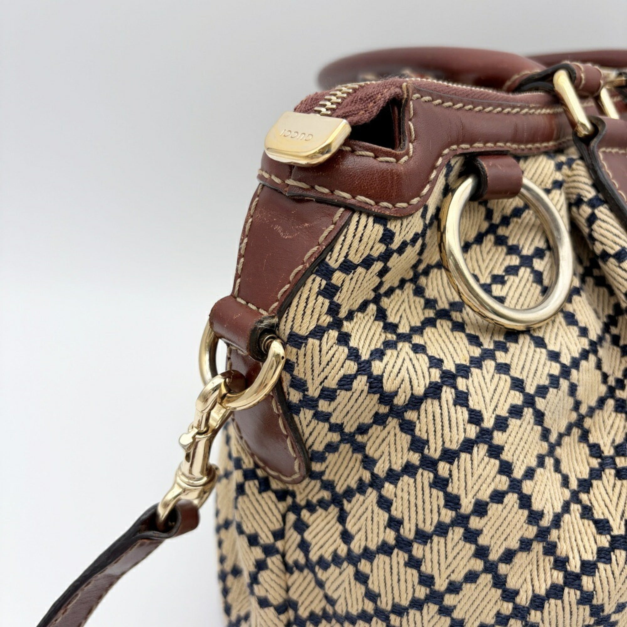 Gucci Beige Brown Canvas Leather Shoulder Bag (Pre-Owned)
