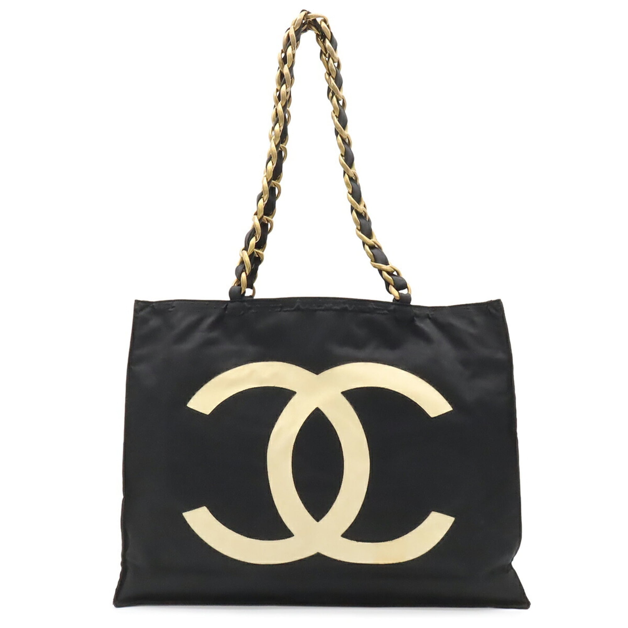Chanel Black White Nylon Canvas Shoulder Bag Tote Bag (Pre-Owned)