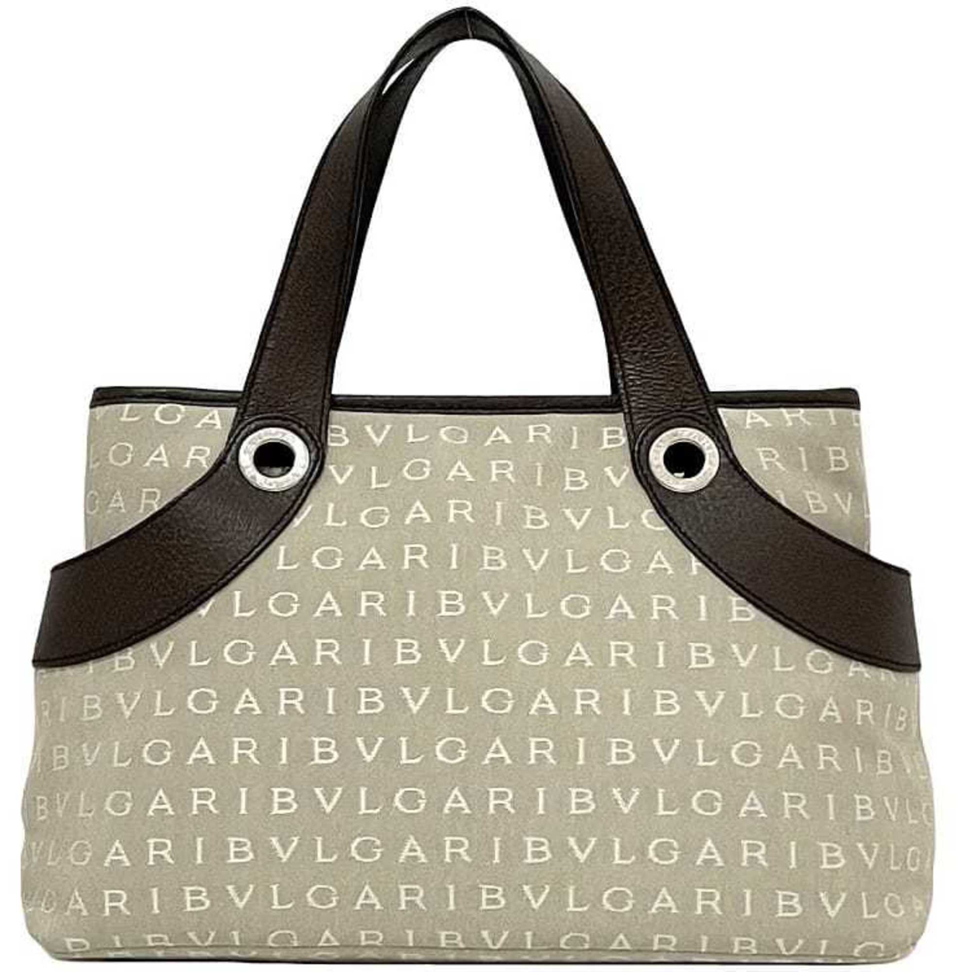 Bvlgari Beige Brown Canvas Leather Tote Bag (Pre-Owned)