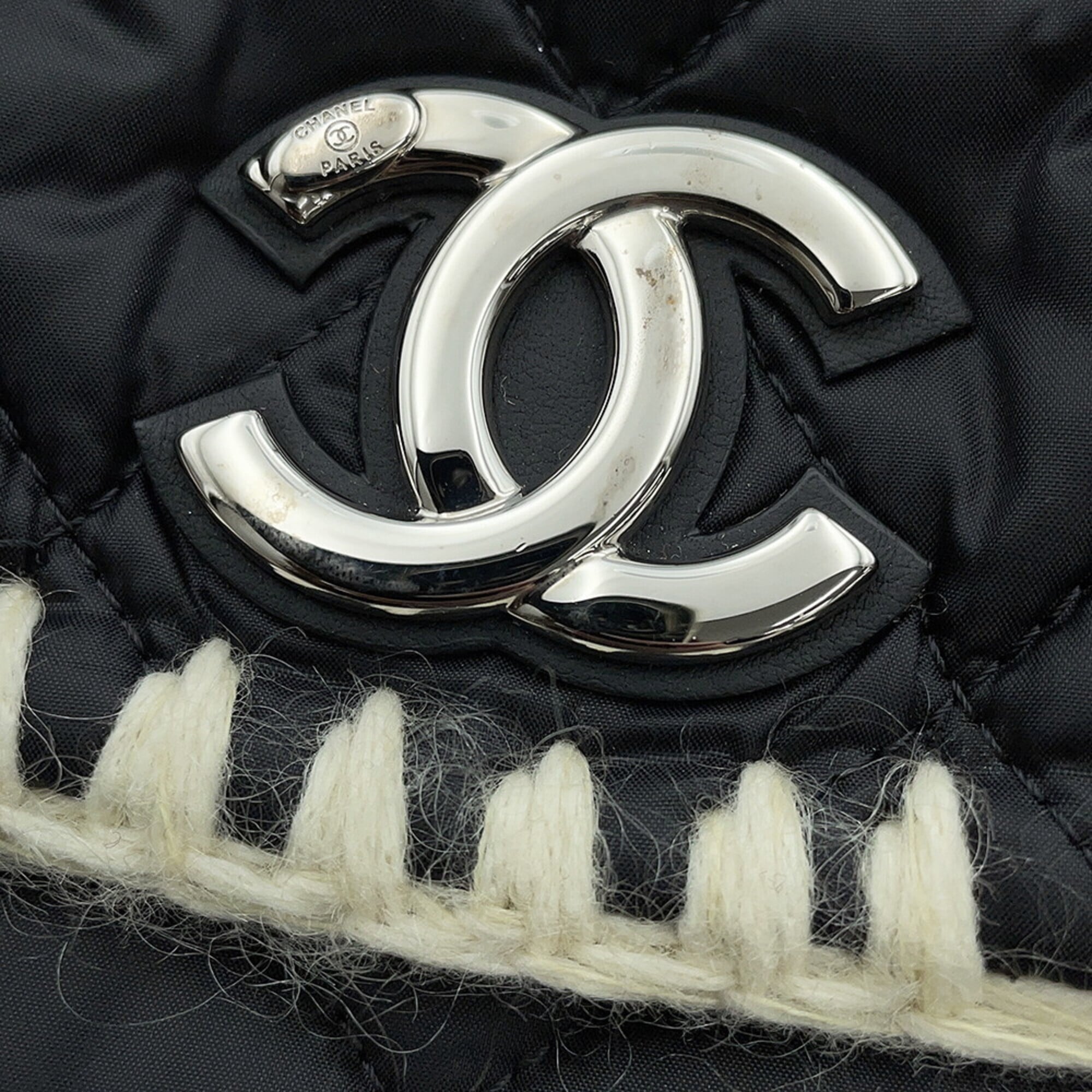 Chanel Matelasse Black Ivory Nylon Leather Handbag Tote Bag (Pre-Owned)