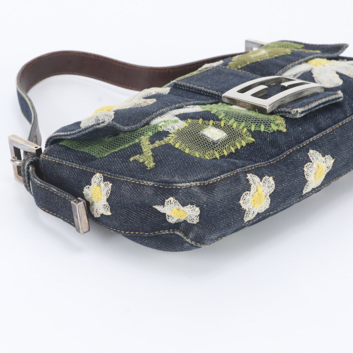 Fendi Blue Leather Canvas Shoulder Bag (Pre-Owned)