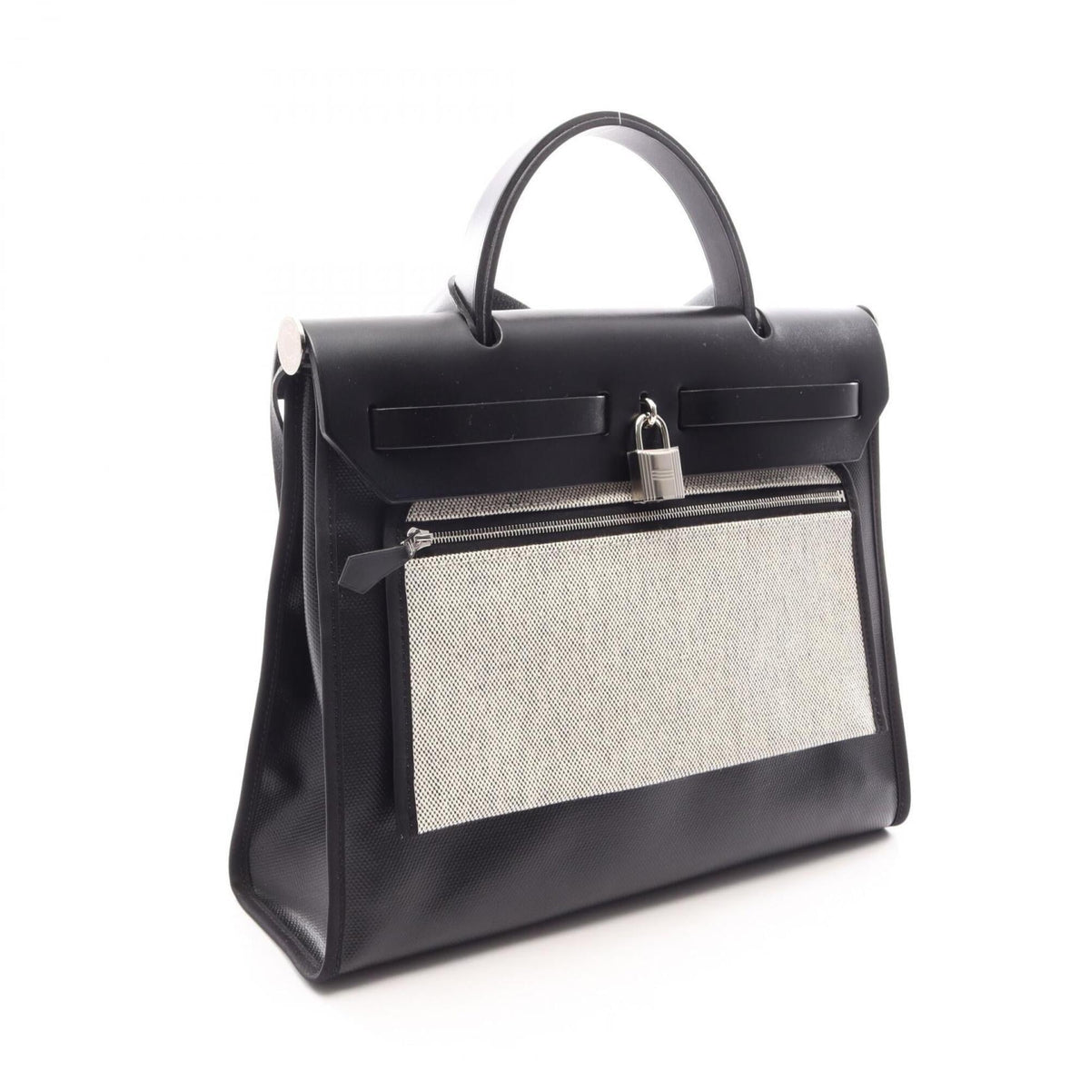 Hermes Beige Black Canvas Toile H Vache Leather Handbag Pouch (Pre-Owned)