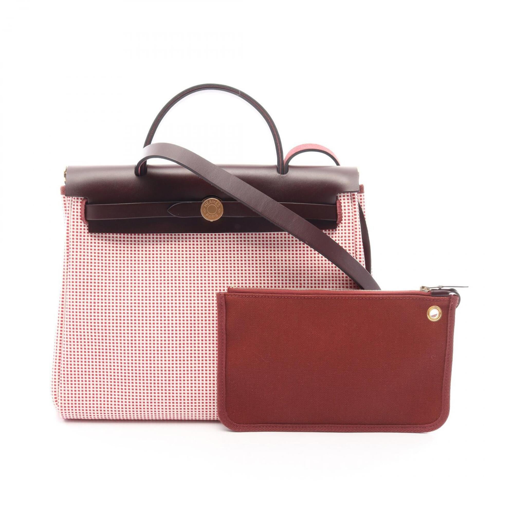 Hermes Bordeaux Red Color White Canvas Handbag Pouch (Pre-Owned)
