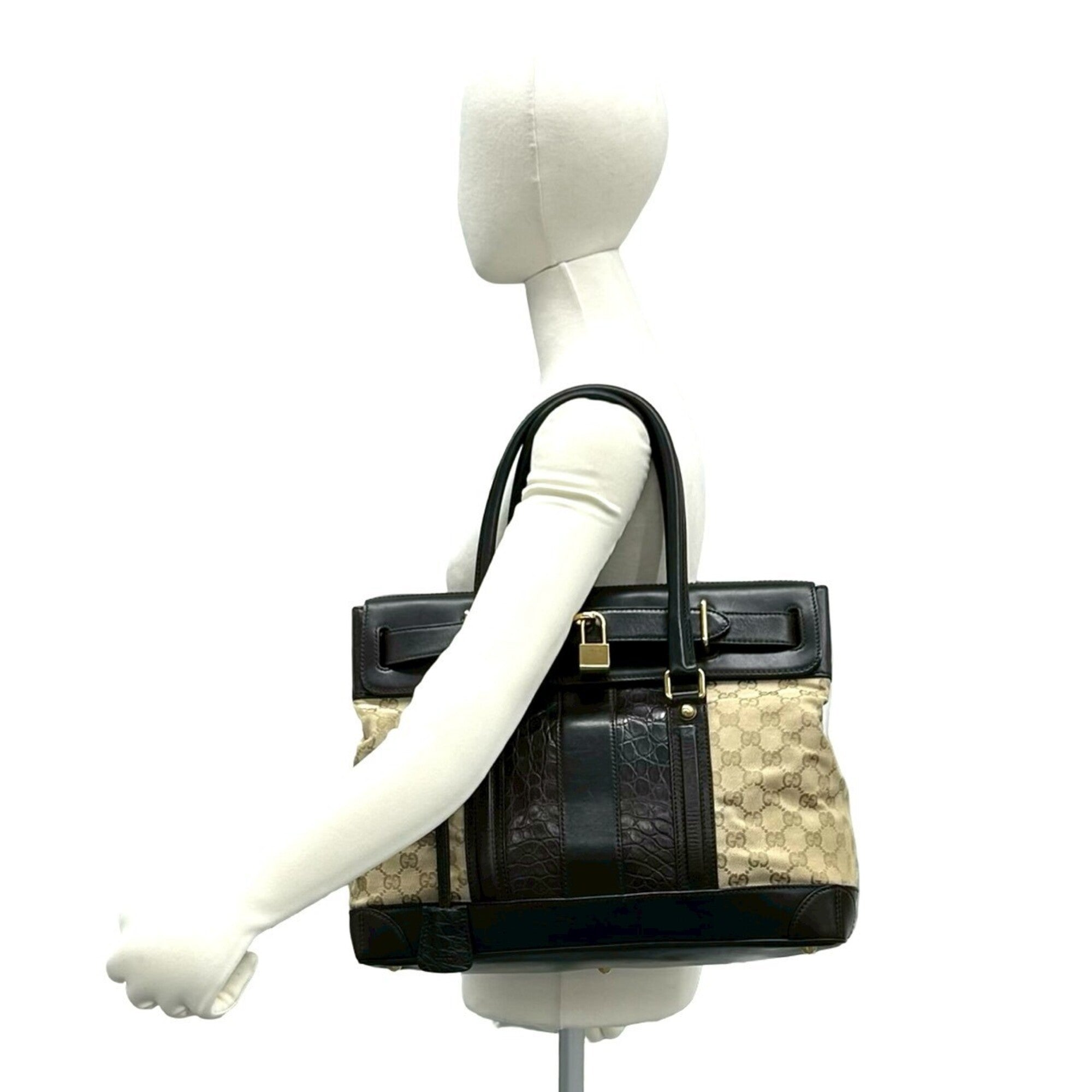 Gucci Beige Brown Canvas Leather Boston Bag Handbag Tote Bag (Pre-Owned)