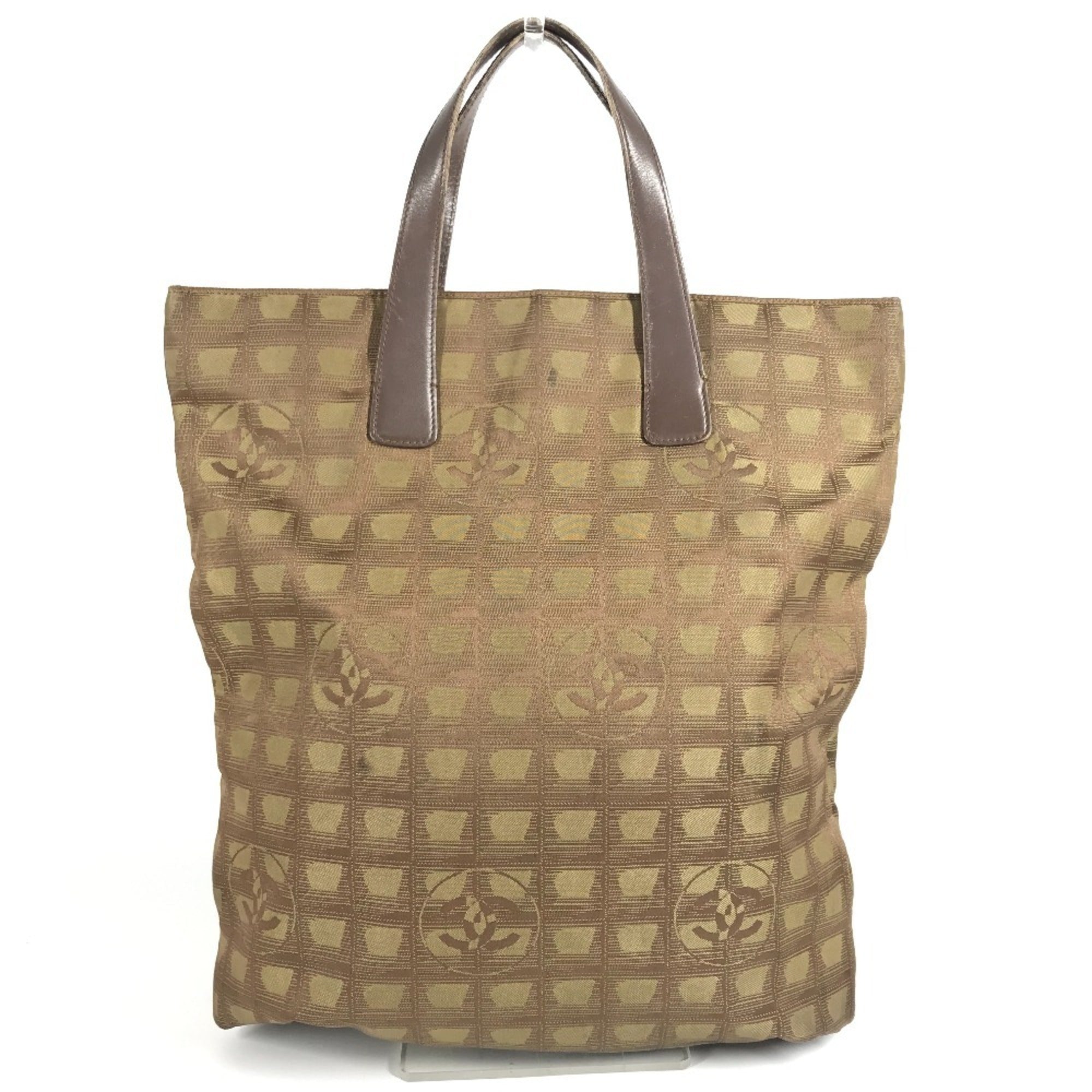 Chanel Khaki Nylon Leather Handbag Tote Bag (Pre-Owned)