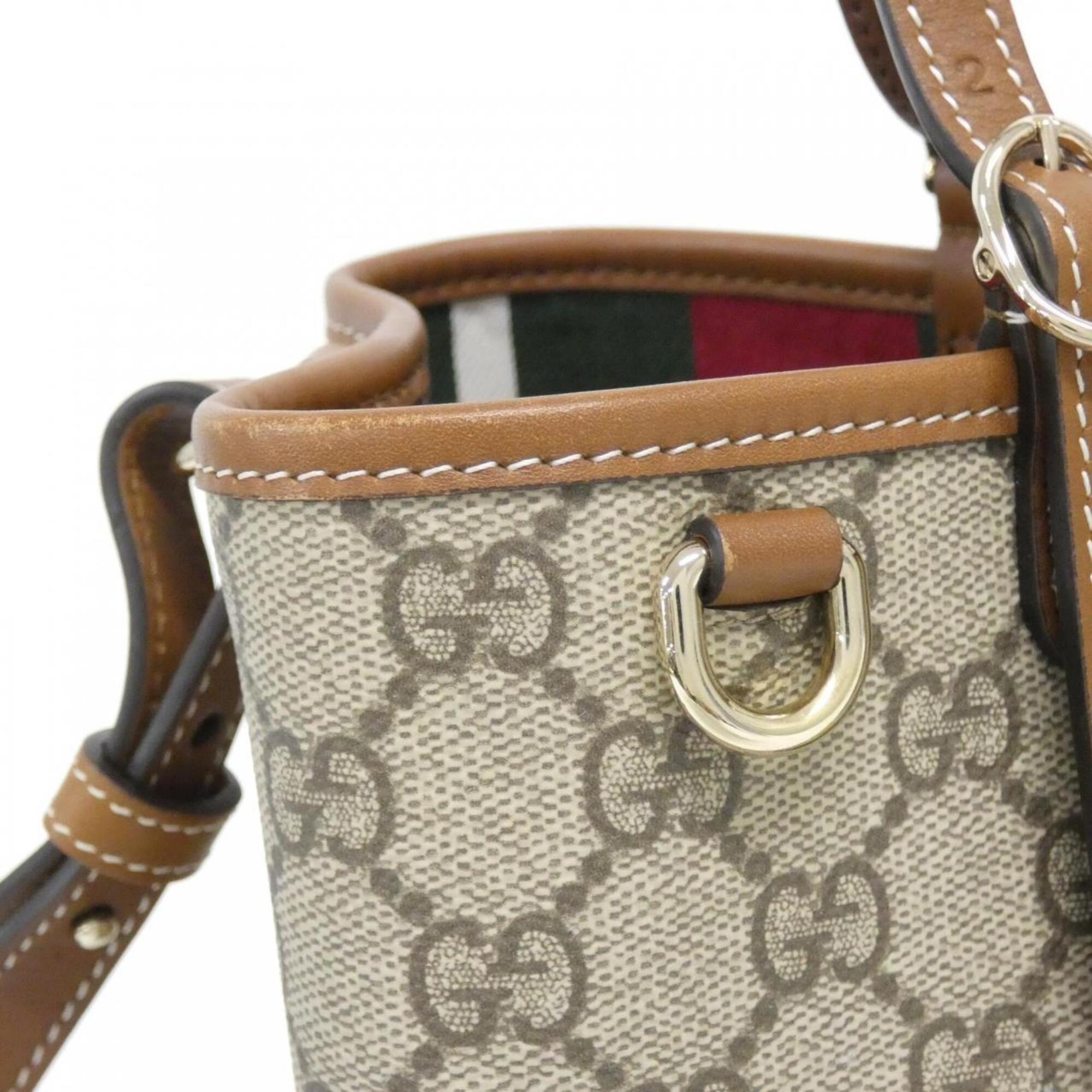 Gucci Beige Dark Brown Coated Canvas Leather Handbag (Pre-Owned)