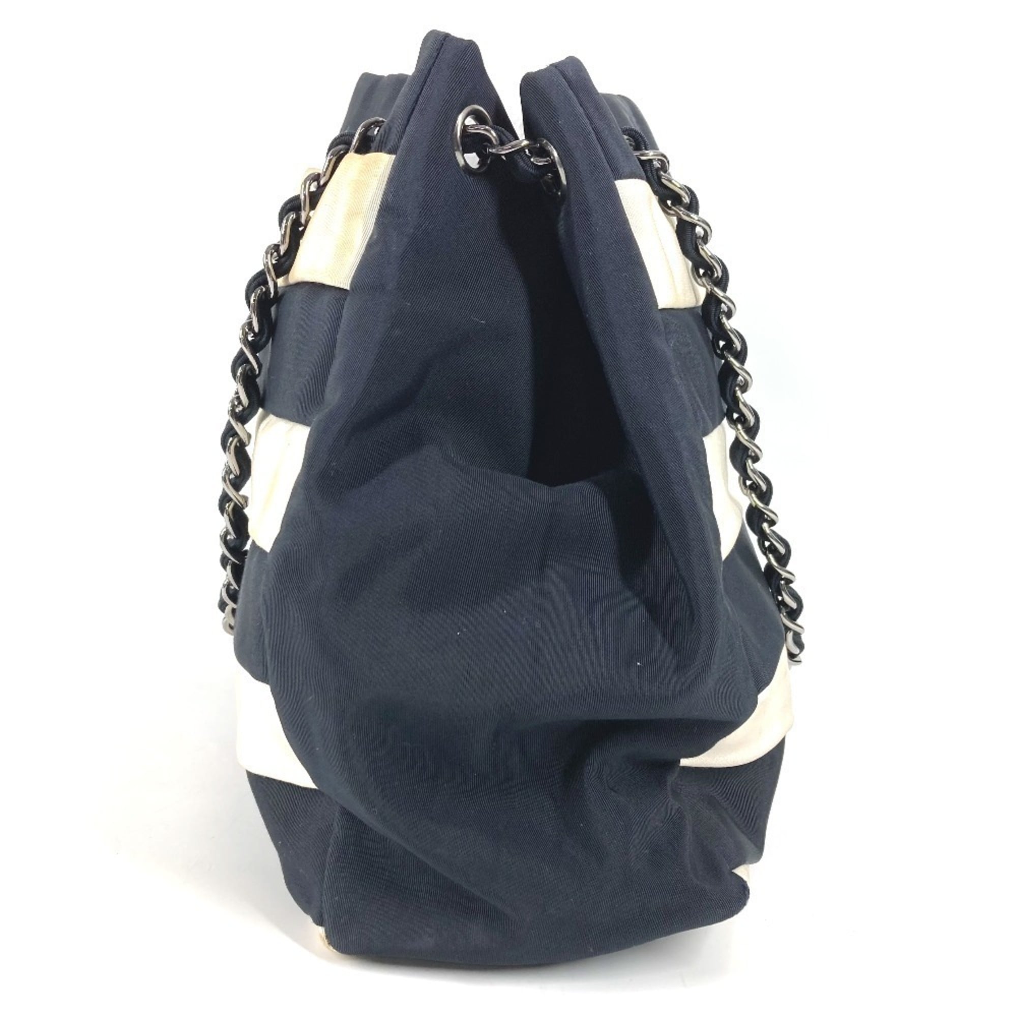 Chanel 2.55 Black White Nylon Canvas Shoulder Bag Tote Bag (Pre-Owned)