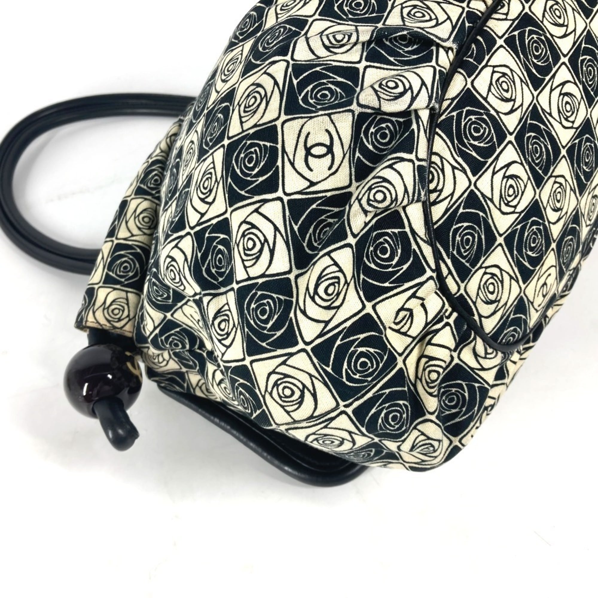 Chanel Beige Black Leather Canvas Shoulder Bag Tote Bag (Pre-Owned)
