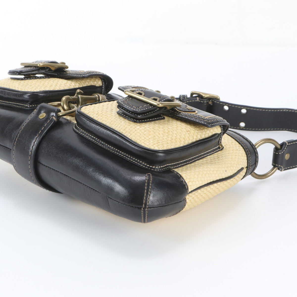 Coach Beige Black Leather Handbag Shoulder Bag Tote Bag (Pre-Owned)