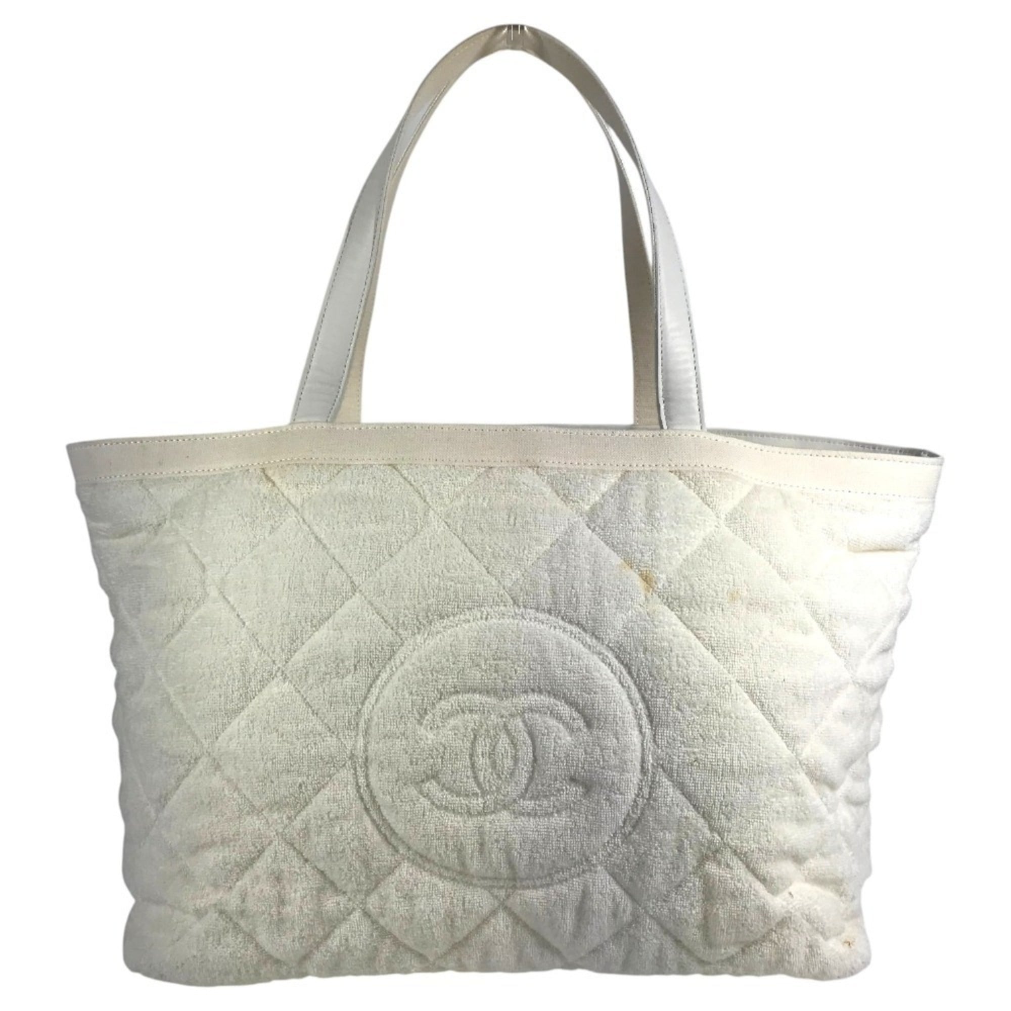Chanel White Yellow Cotton Leather Beach Bag Shoulder Bag Tote Bag (Pre-Owned)