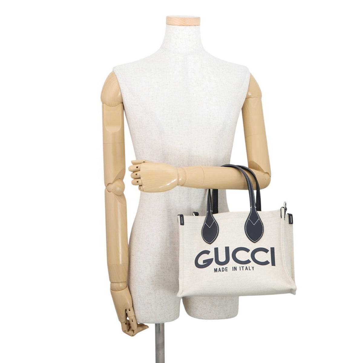 Gucci Beige Navy Canvas Leather Handbag Shoulder Bag (Pre-Owned)