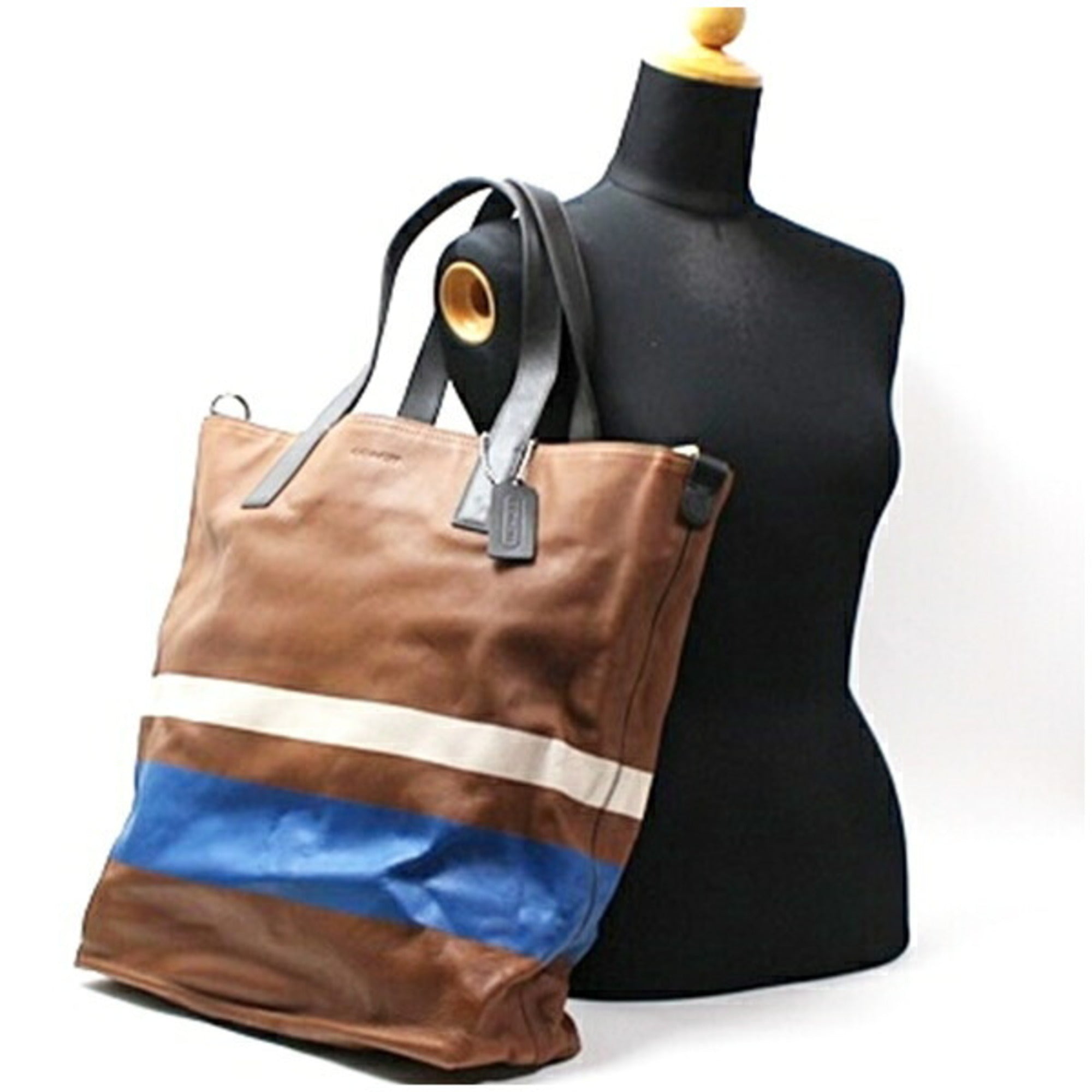 Coach Blue Brown White Leather Canvas Tote Bag (Pre-Owned)