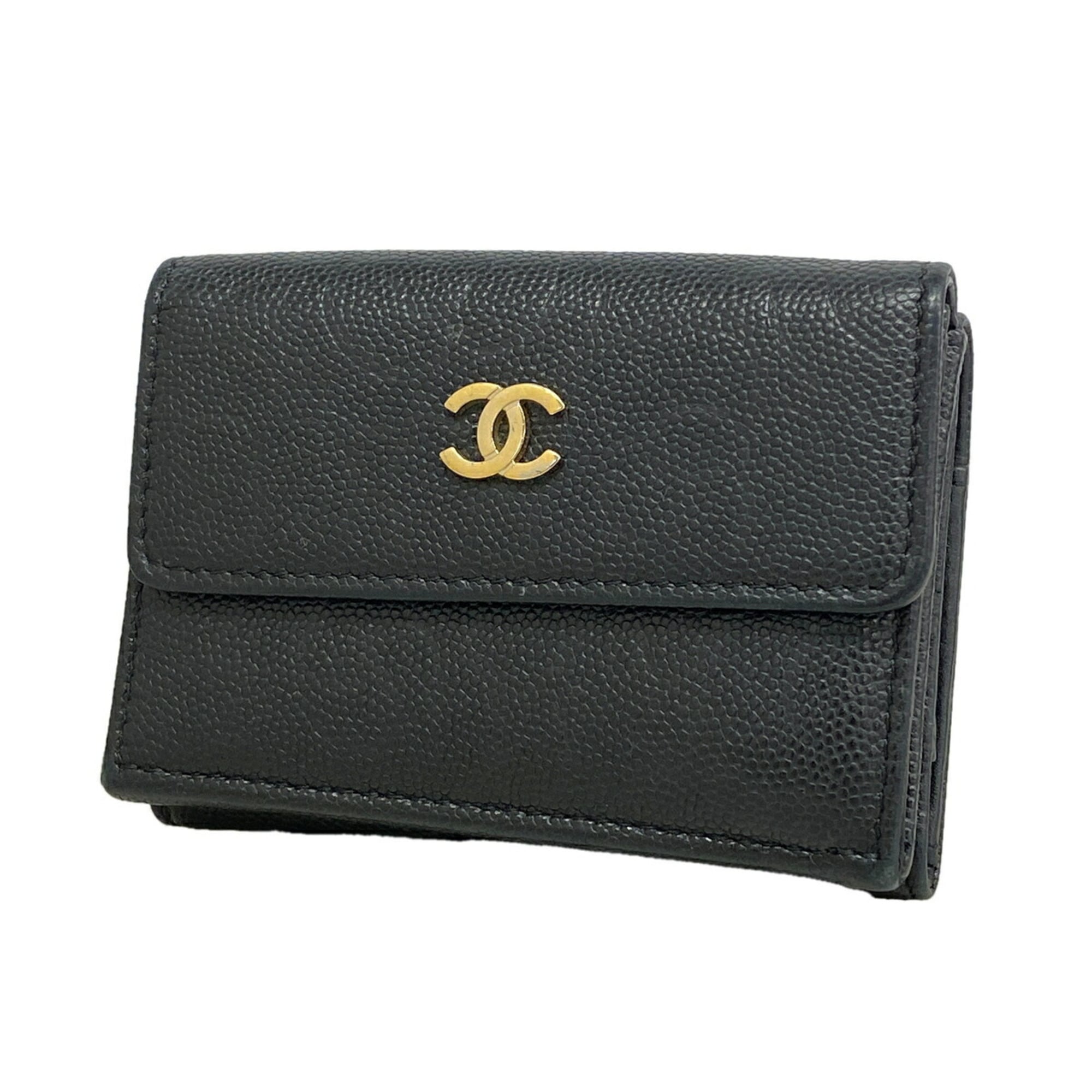 Chanel Black Grained Calfskin Wallet (Tri-Fold) (Pre-Owned)