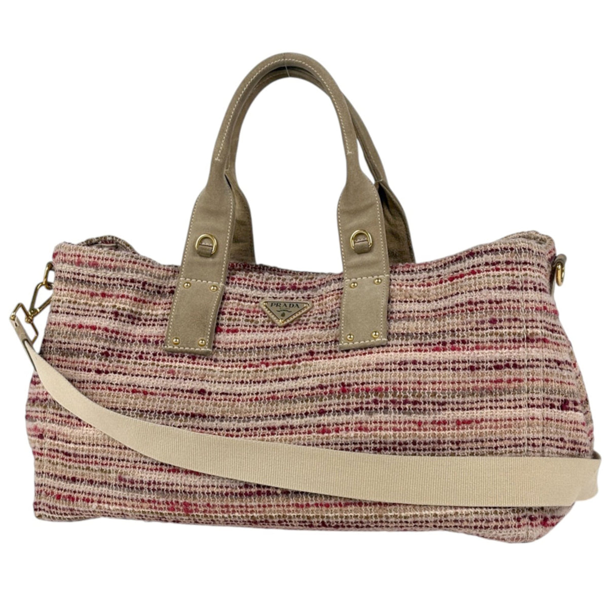 Prada Red Color Tweed Suede Tote Bag (Pre-Owned)