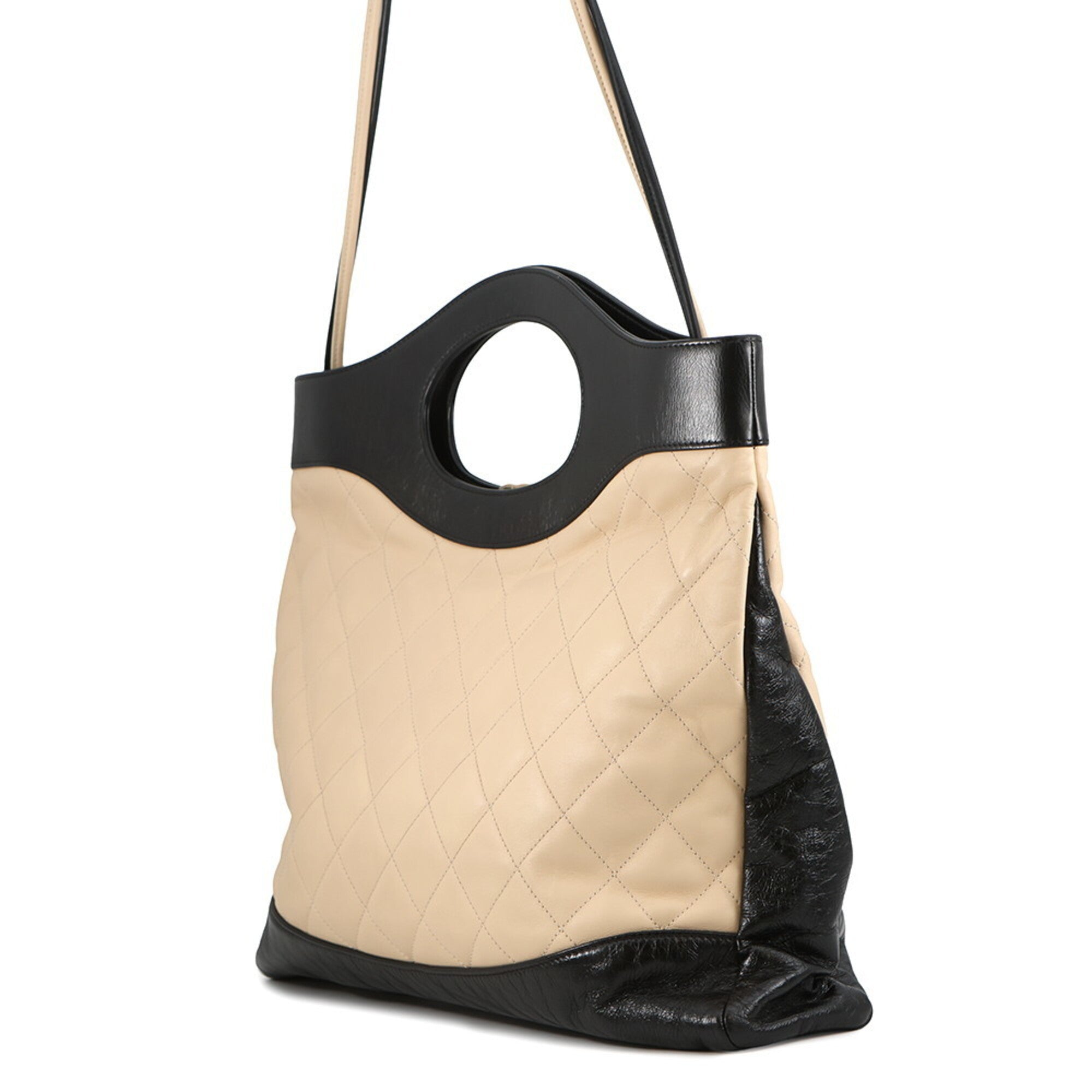 Chanel Beige Black Leather Handbag Shoulder Bag (Pre-Owned)