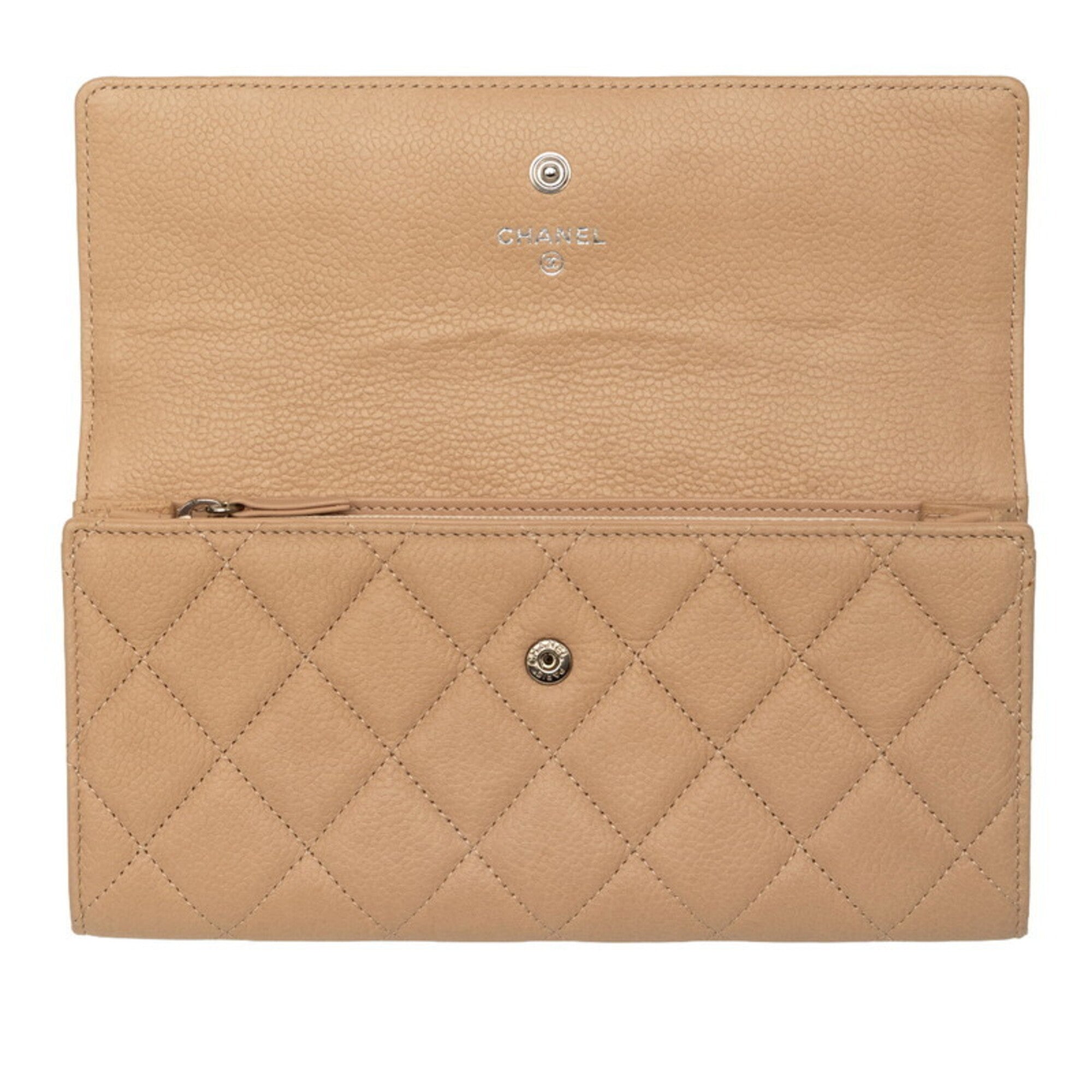 Chanel Beige Grained Calfskin Long Wallet (Bi-Fold) (Pre-Owned)