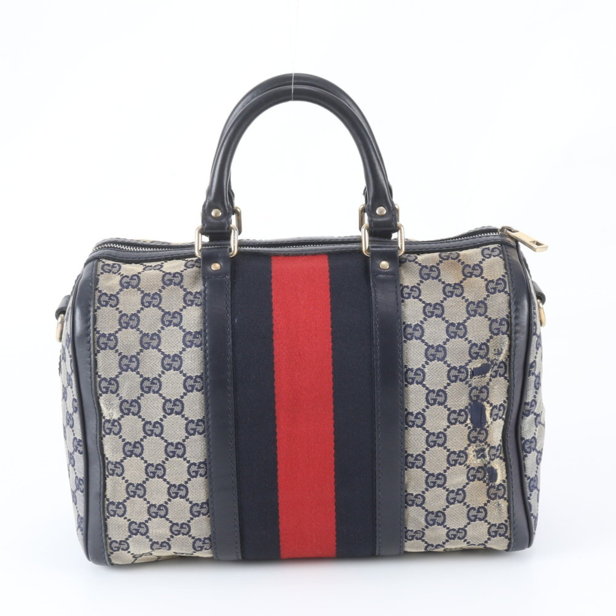Gucci Gray Navy Leather Canvas Handbag Tote Bag (Pre-Owned)