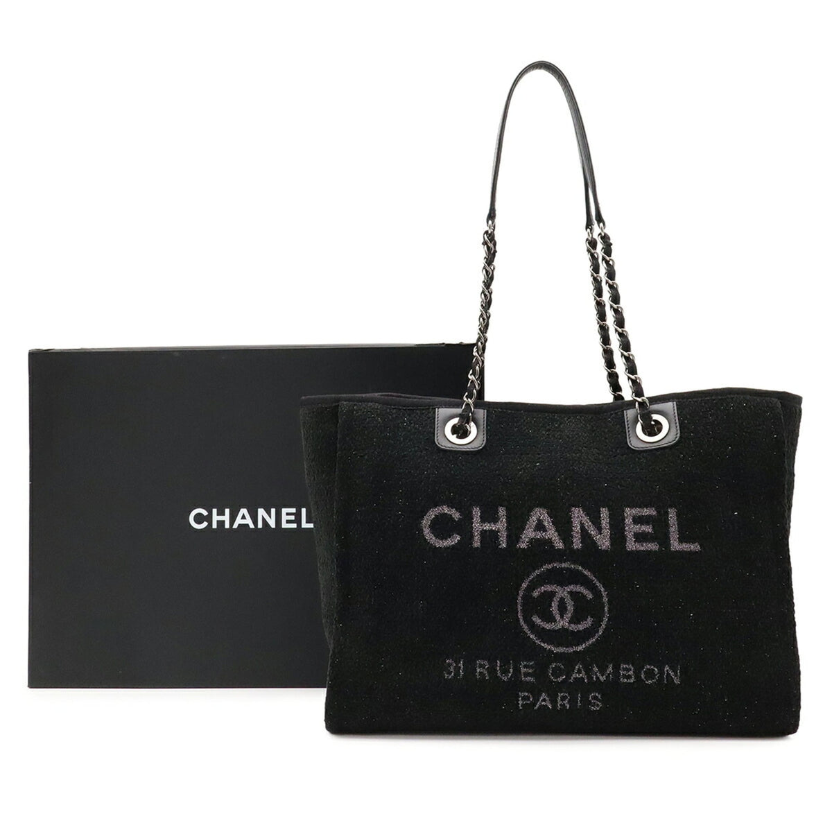 Chanel Black Gray Cotton Leather Shoulder Bag Tote Bag (Pre-Owned)