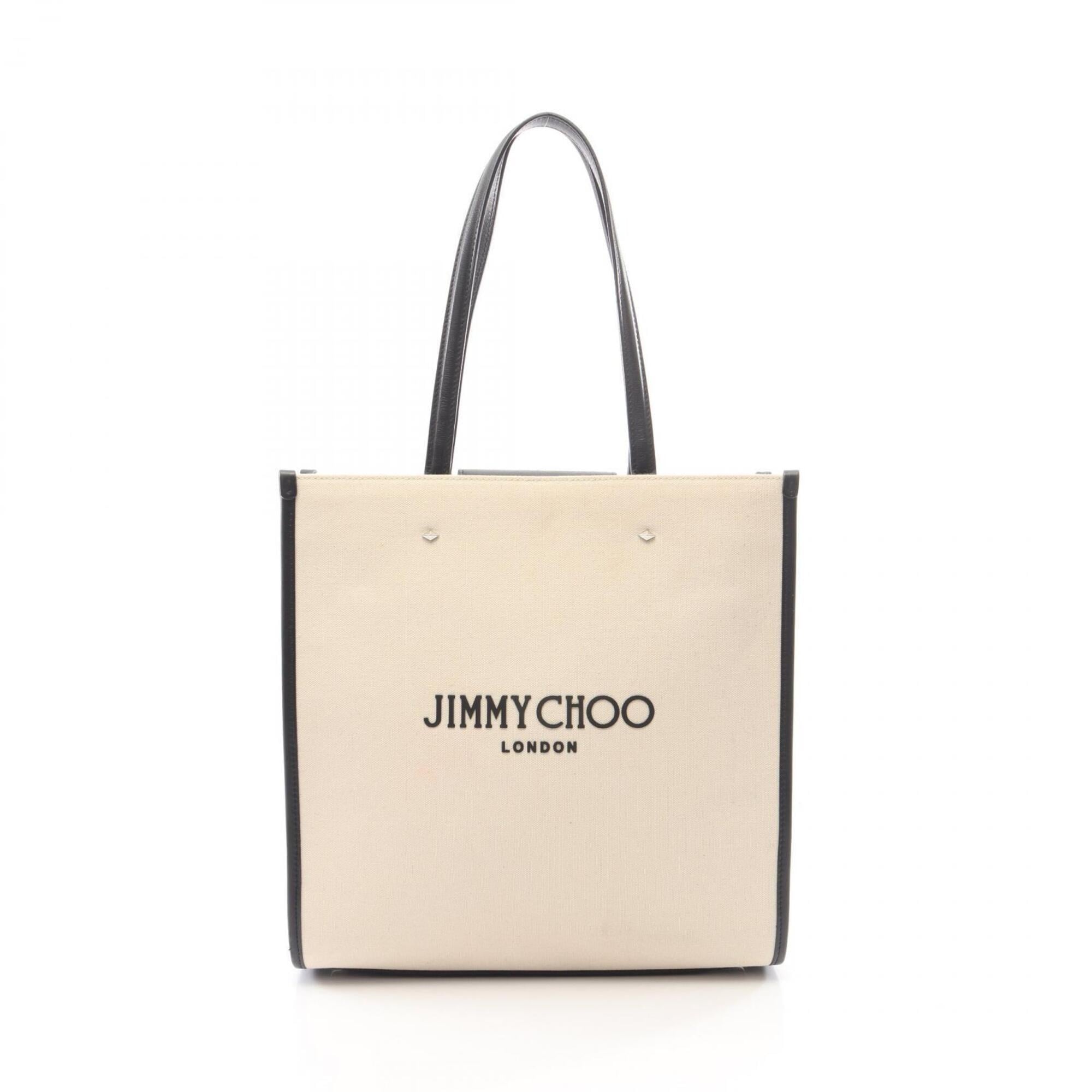 Jimmy Choo Black Ivory Canvas Leather Handbag Tote Bag (Pre-Owned)