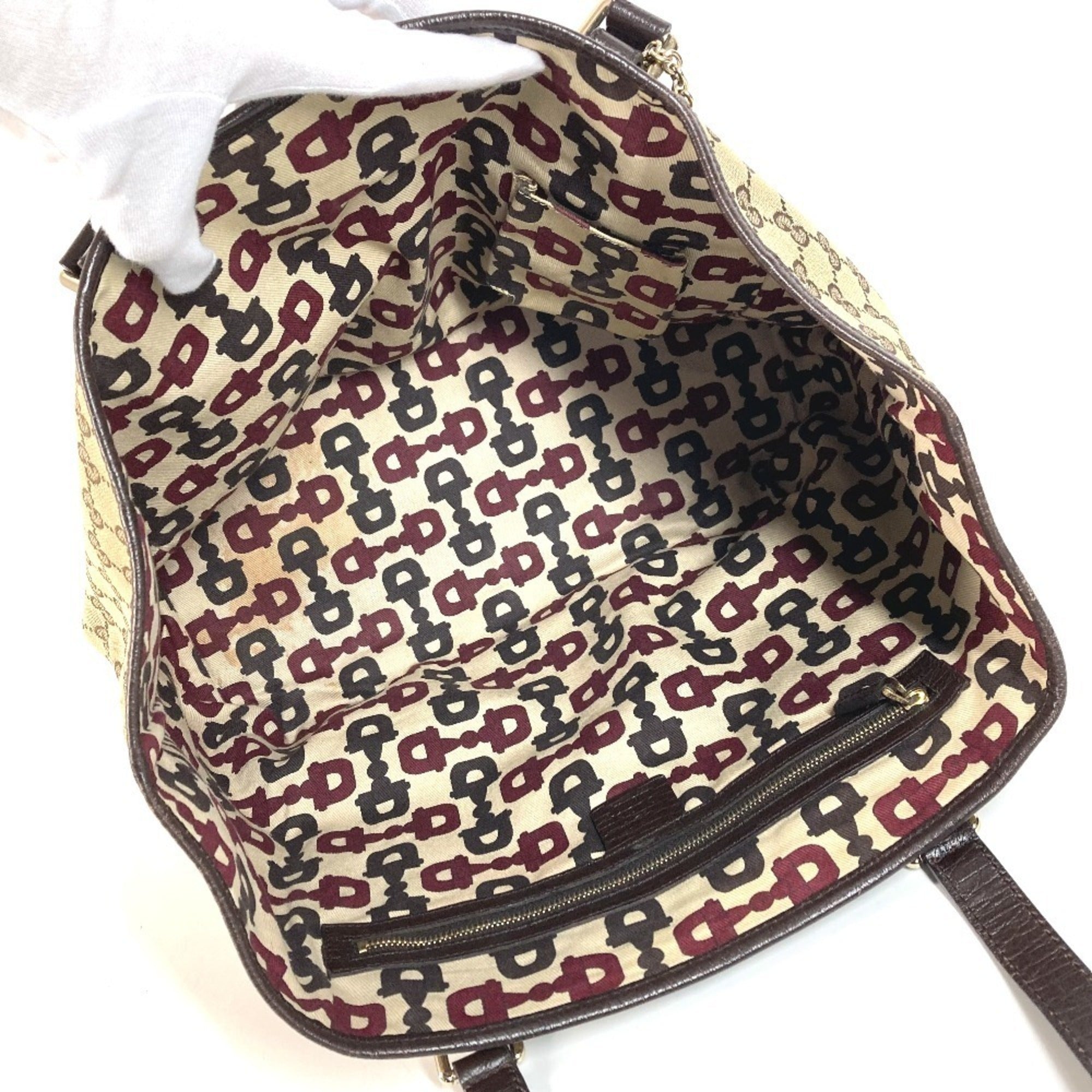 Gucci Sherry Line Beige Dark Brown Gg Canvas Leather Shoulder Bag Tote Bag (Pre-Owned)