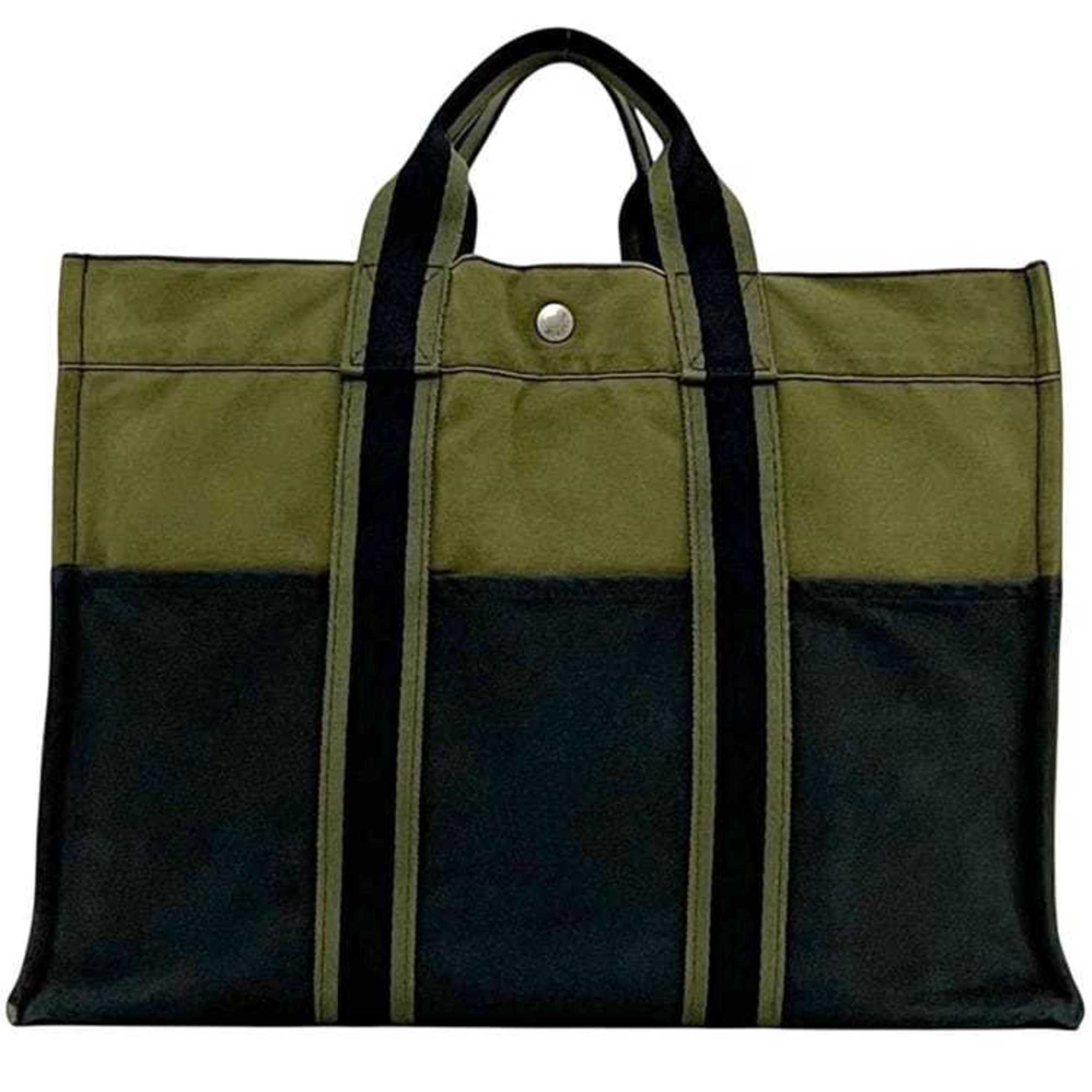 Hermes Green Khaki Navy Canvas Tote Bag (Pre-Owned)