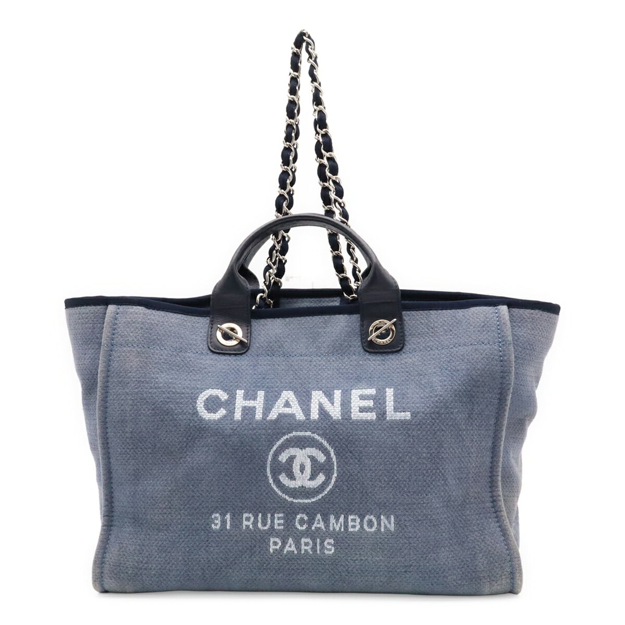 Chanel Blue Canvas Leather Shoulder Bag Tote Bag (Pre-Owned)