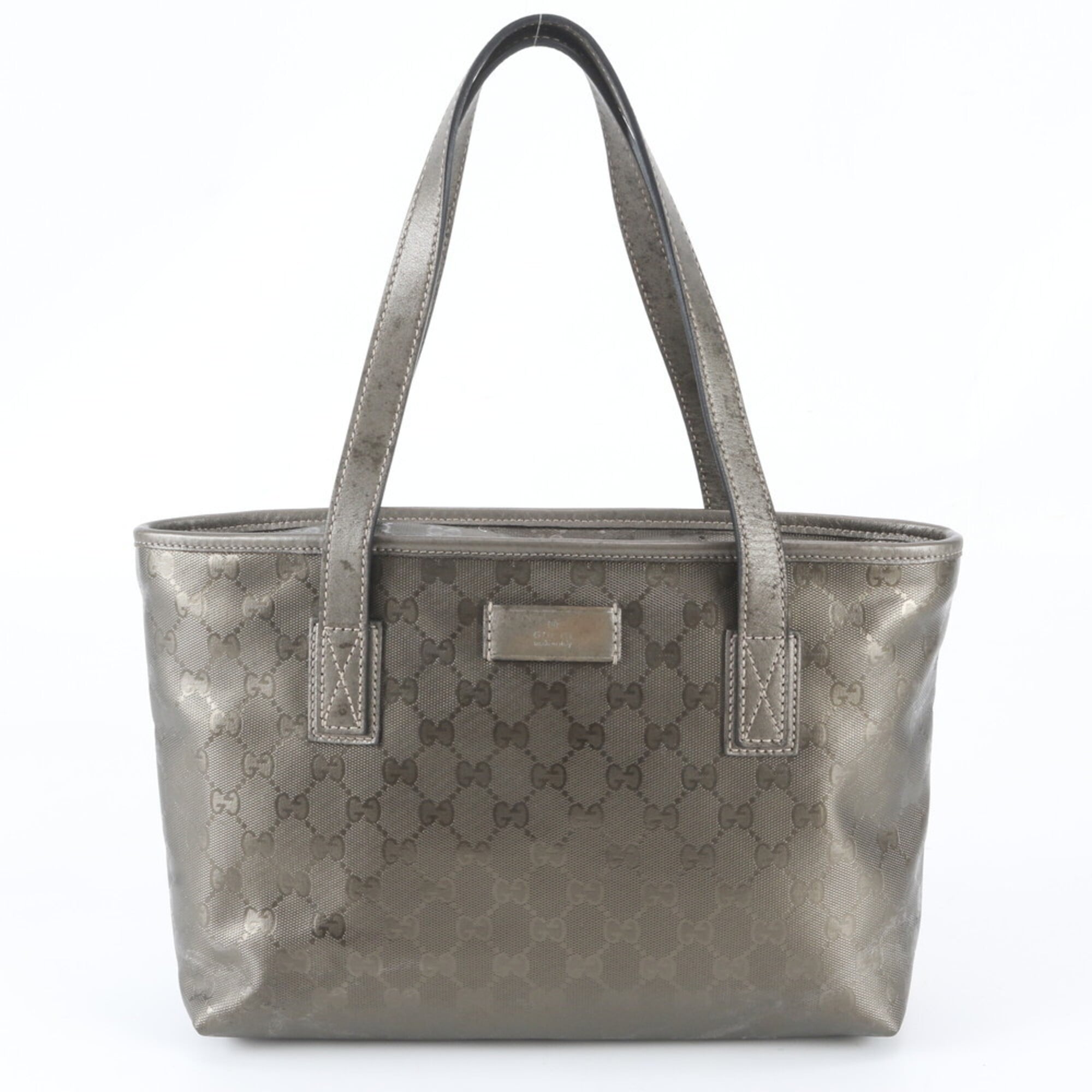 Gucci Gg Imprimé Green Khaki Metallic Leather Coated Canvas Handbag Tote Bag (Pre-Owned)