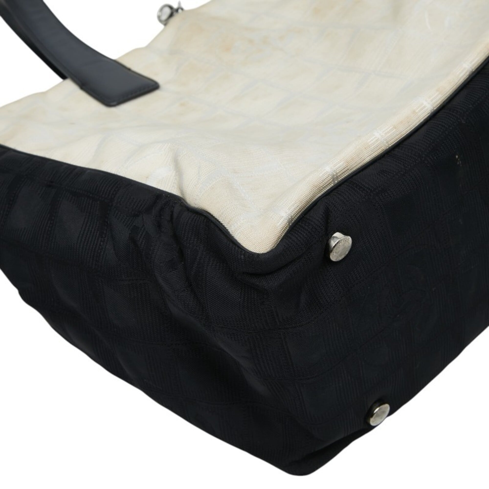 Chanel Beige Black Nylon Leather Handbag Tote Bag (Pre-Owned)