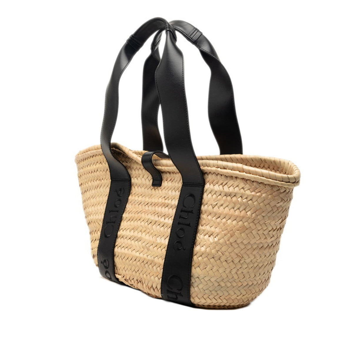 Chloé Beige Black Raffia Leather Basket Handbag (Pre-Owned)