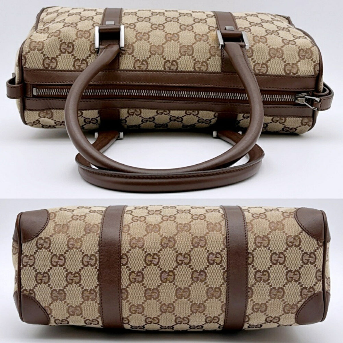 Gucci Beige Brown Gg Canvas Leather Handbag (Pre-Owned)