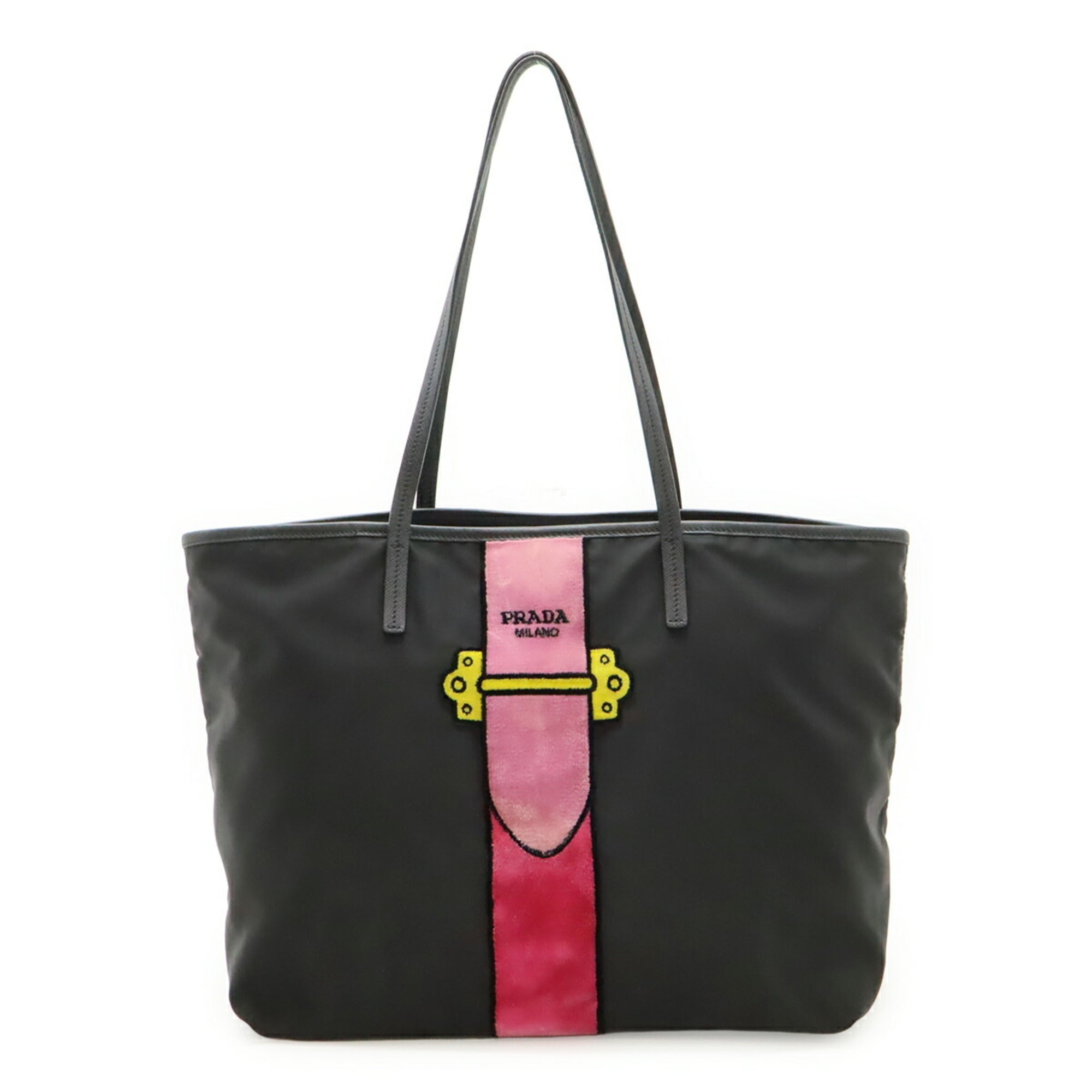 Prada Black Pink Nylon Leather Shoulder Bag Tote Bag (Pre-Owned)